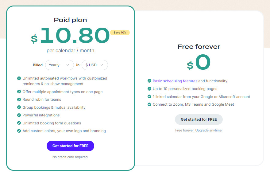 YouCanBook.me pricing. A paid plan of 10.80 and a free plan. 
