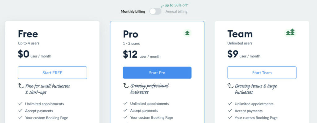 Setmore pricing page