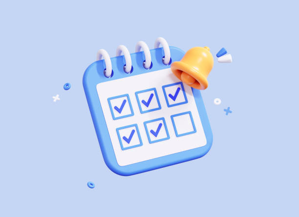 3D Calendar with check mark in date and bell notification. Weekly Meetings reminder planner. Daily work done with tick. Mark every day. Cartoon creative icon design isolated on blue background. 3D Rendering