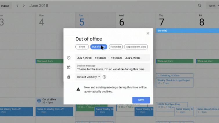 Automatically Decline Invitations with Google Calendar: Out of office option