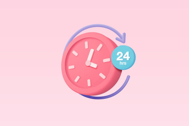 3d alarm clock 24 hours icon for speed delivery concept. Pink watch minimal design concept of time, service and support around clock, 24 hours a day. 3d clock icon vector rendering illustration. Pick a time.