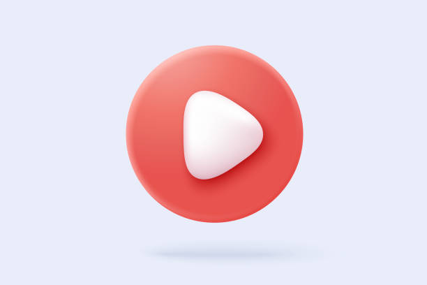 3d social media play video in background. Red round play button for start multimedia with colorful concept of video, 