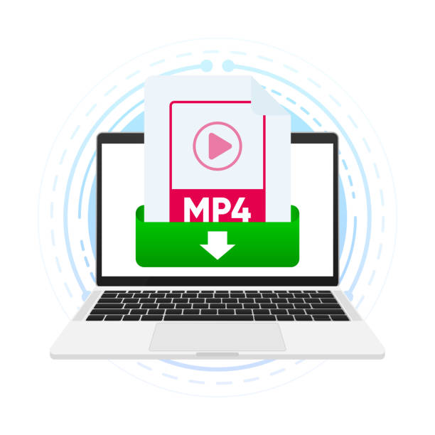 Download an MP4 file with label on laptop screen. Downloading document concept. View, read, download MP4 file on laptops and mobile devices. Vector illustration