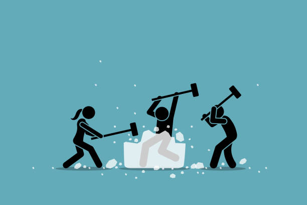 Vector artwork of a group of people using sledgehammer to break a large ice. Concept of knowing each member and warm up for participants meeting. Sales Meetings Ice Breakers