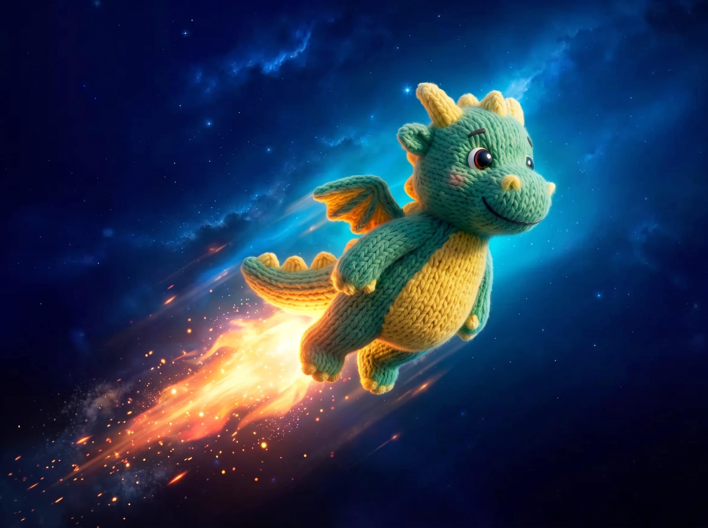 The knitted Weezly dragon flying through deep blue space on a trail of its own fire, smiling