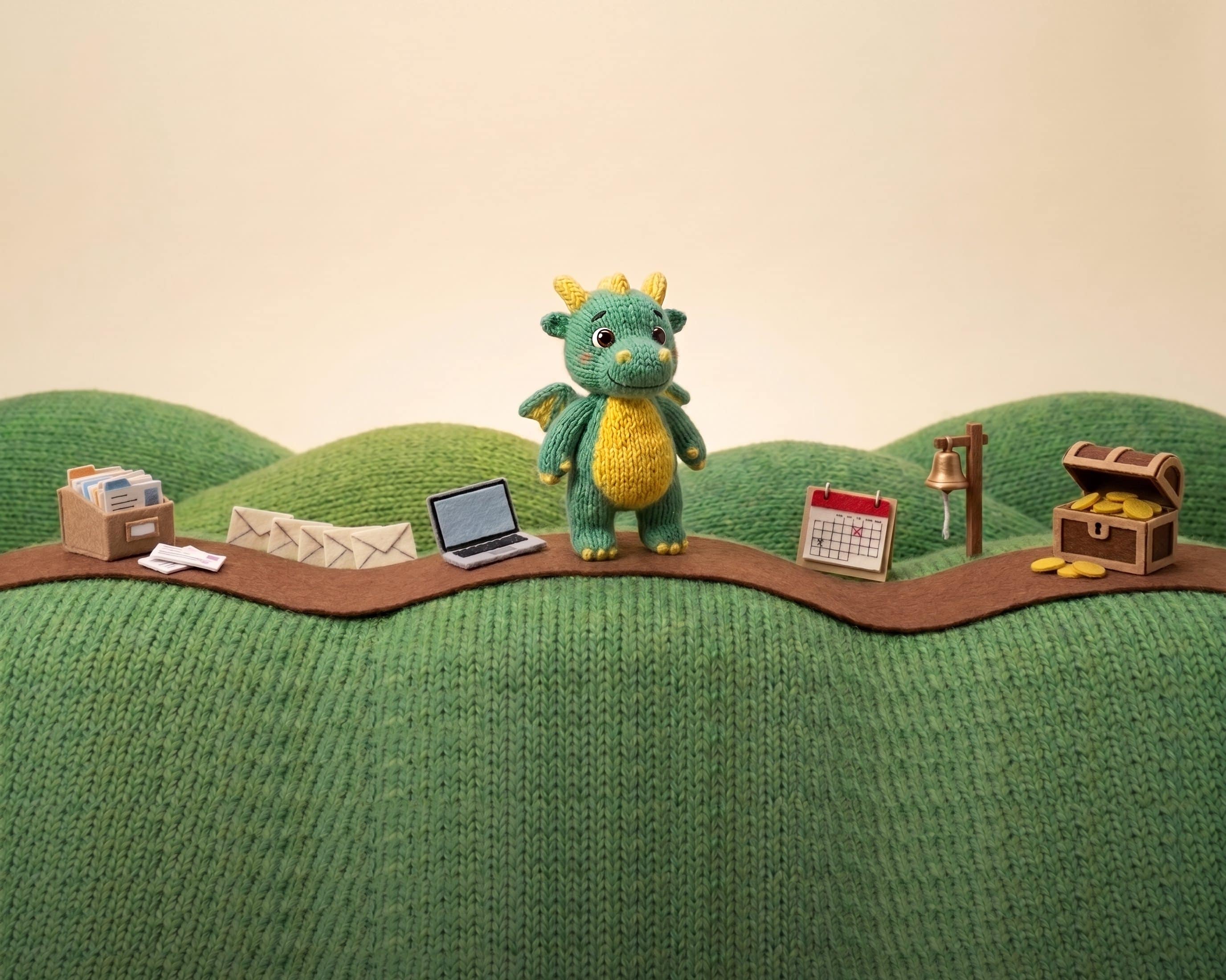 The baby dragon on a knitted diorama path past a filing box, envelopes, a laptop, a calendar, a bell and a treasure chest, with the knitted grass running on under the links