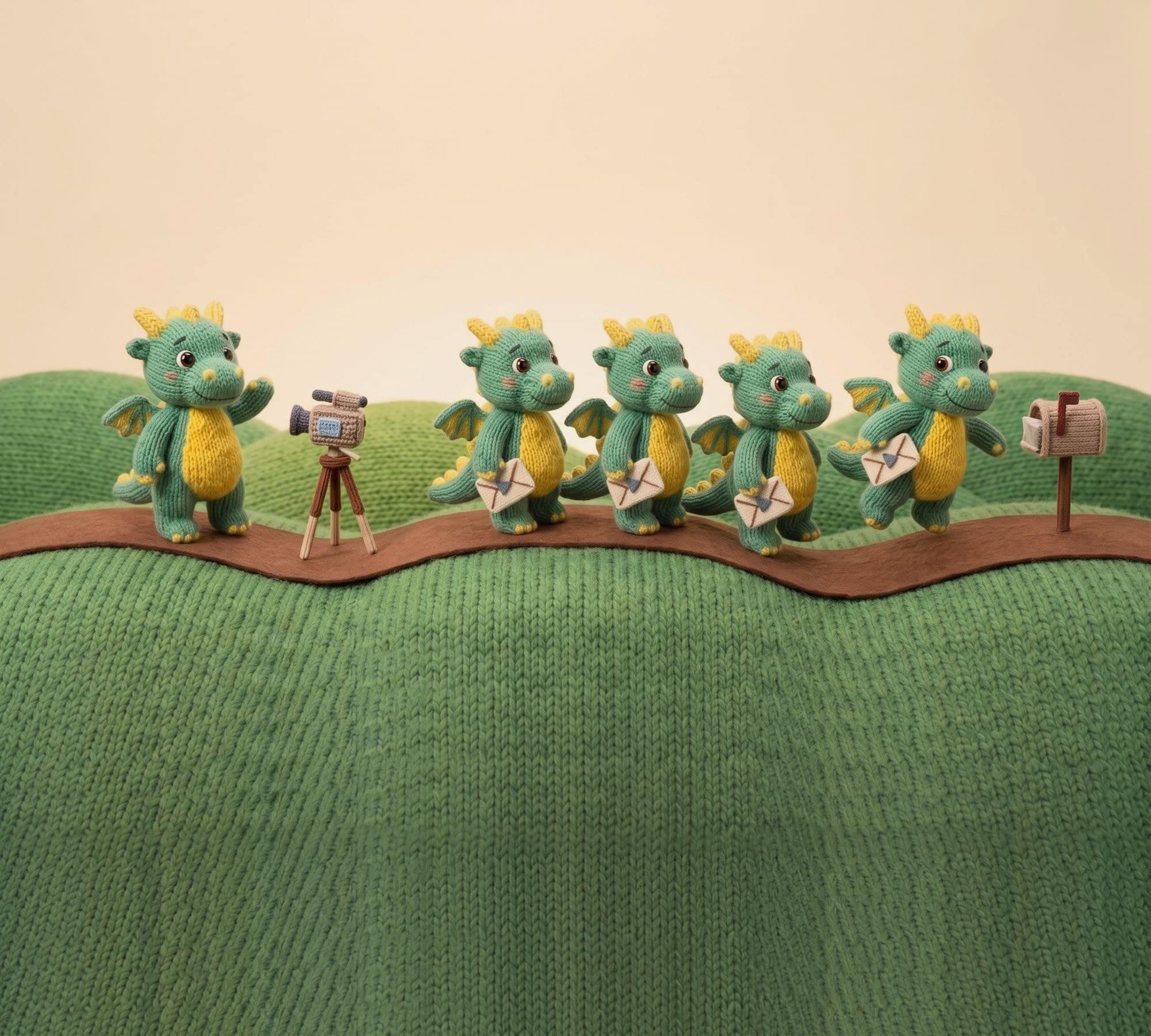 The baby dragon records a hello on a tiny knitted camera while four identical clones march along a felt path with a video envelope each, the last one hopping to catch up
