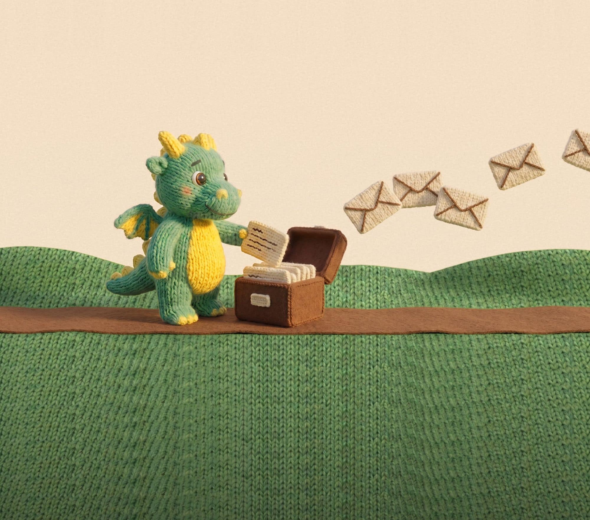 The baby dragon on a felt path takes a card from a little filing box while knitted envelopes fly off over the hills, with the knitted grass running on under the links