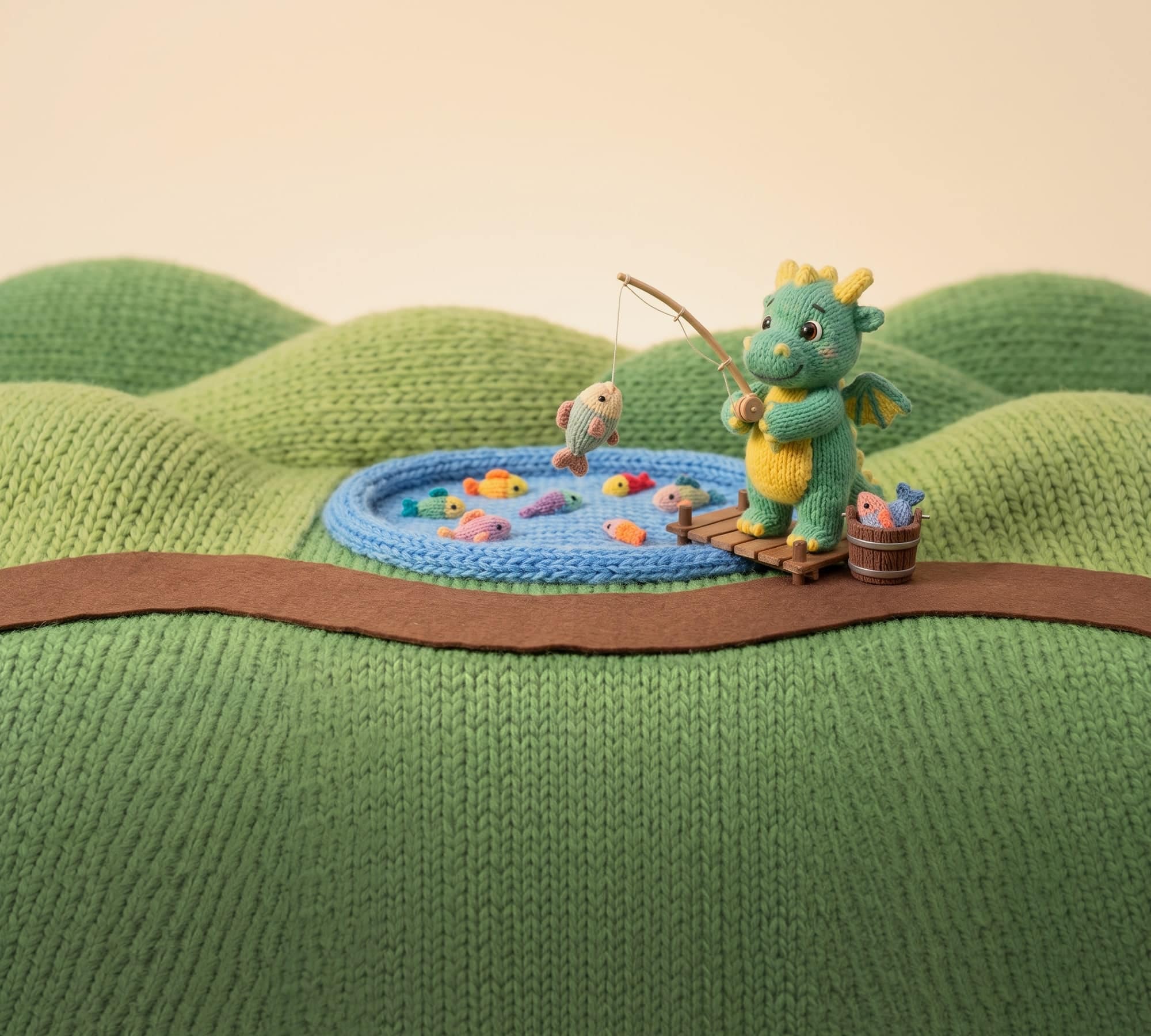 The baby dragon stands on a little wooden dock by a knitted pond full of colourful fish, reeling one in, with a bucket of fish beside it and the knitted grass running on under the links