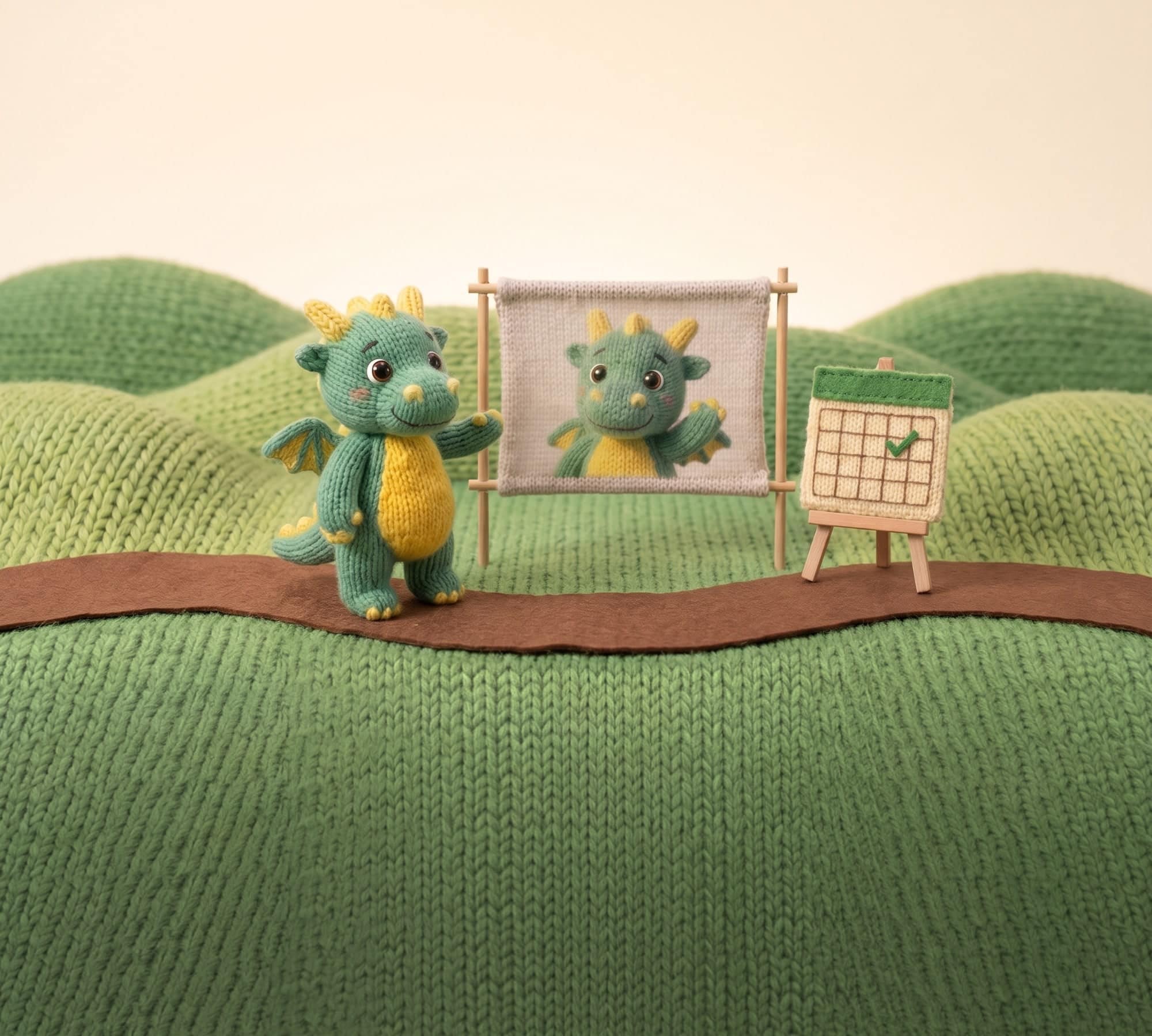 The baby dragon on a felt path proudly points at a little knitted outdoor cinema screen showing its own waving face, next to a knitted calendar on an easel with one day ticked, with the knitted grass running on under the links