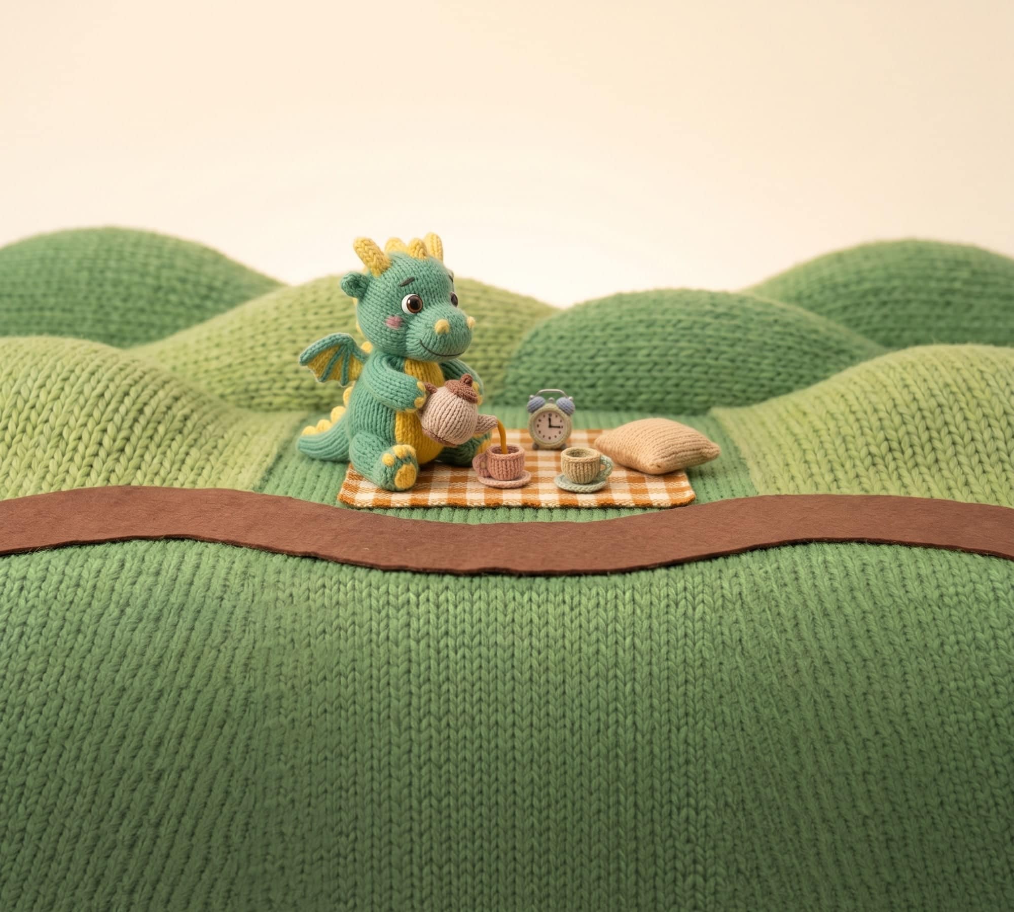 The baby dragon sits on a knitted picnic blanket by the felt path pouring tea for two, an empty cushion and a little alarm clock waiting for its guest, with the knitted grass running on under the links