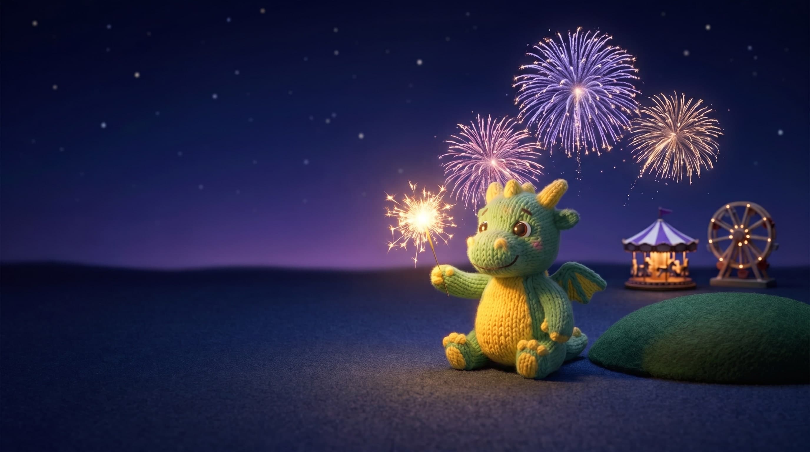 The knitted Weezly dragon sits on dark felt at a toy fairground at night, holding up a lit sparkler while violet, pink and gold fireworks burst over a little carousel and a Ferris wheel