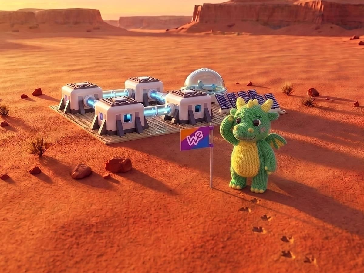 The knitted Weezly dragon saluting its flag beside a tiny brick space base on a red planet