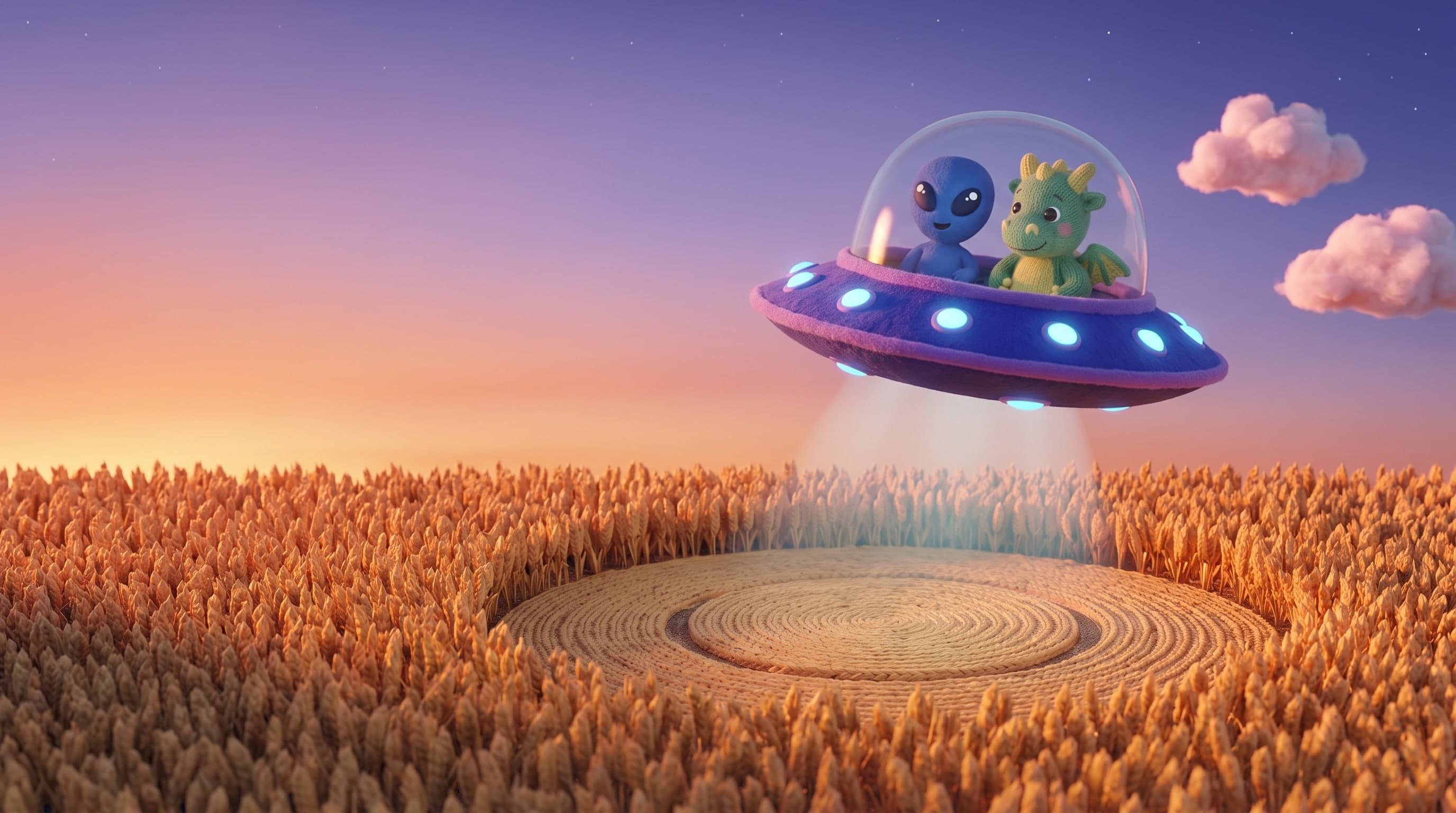 At sunset the little blue alien and the knitted Weezly dragon fly off side by side in a felt flying saucer over a knitted wheat field, its beam shining on the target-shaped crop circle below