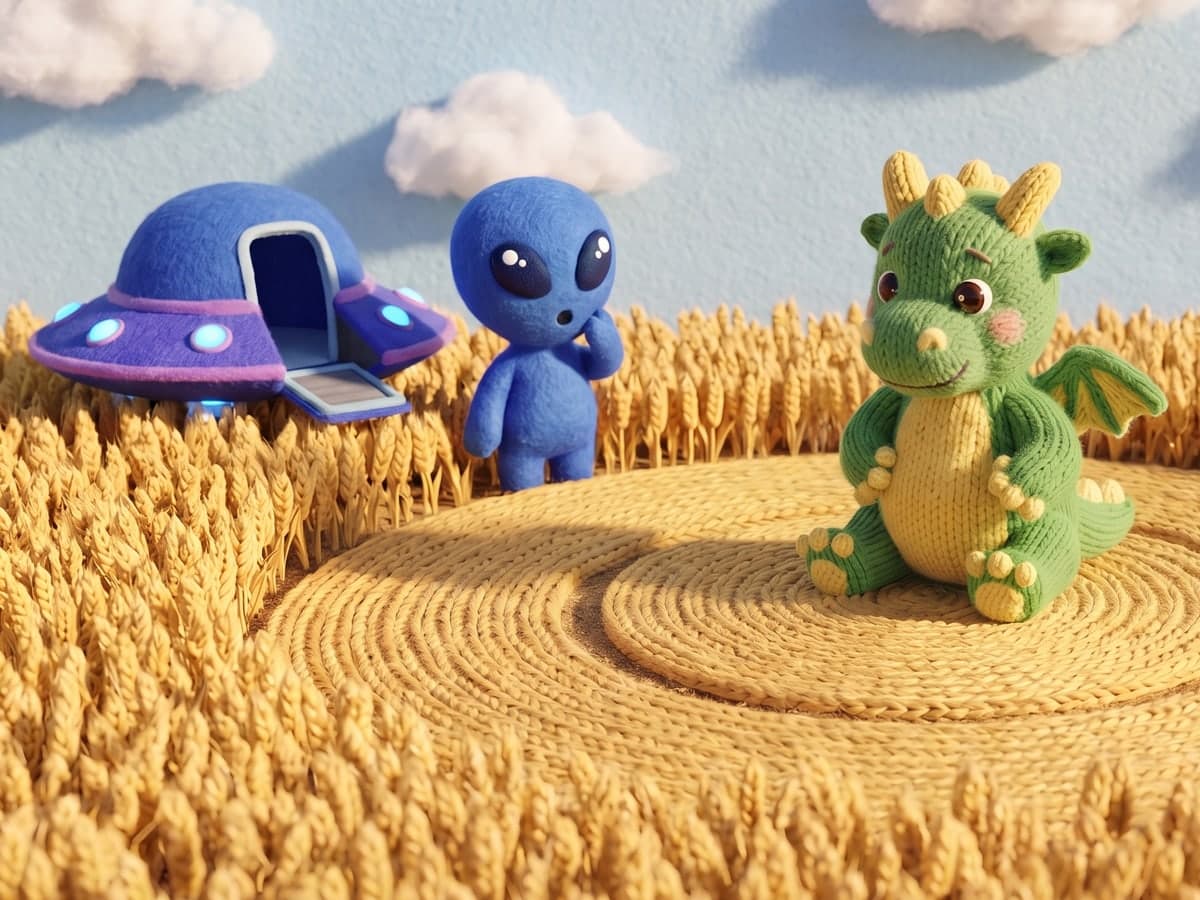 A crop circle shaped like a target in a knitted wheat field, the knitted Weezly dragon sitting proudly in its centre while a little blue alien beside its landed flying saucer stares at it in amazement