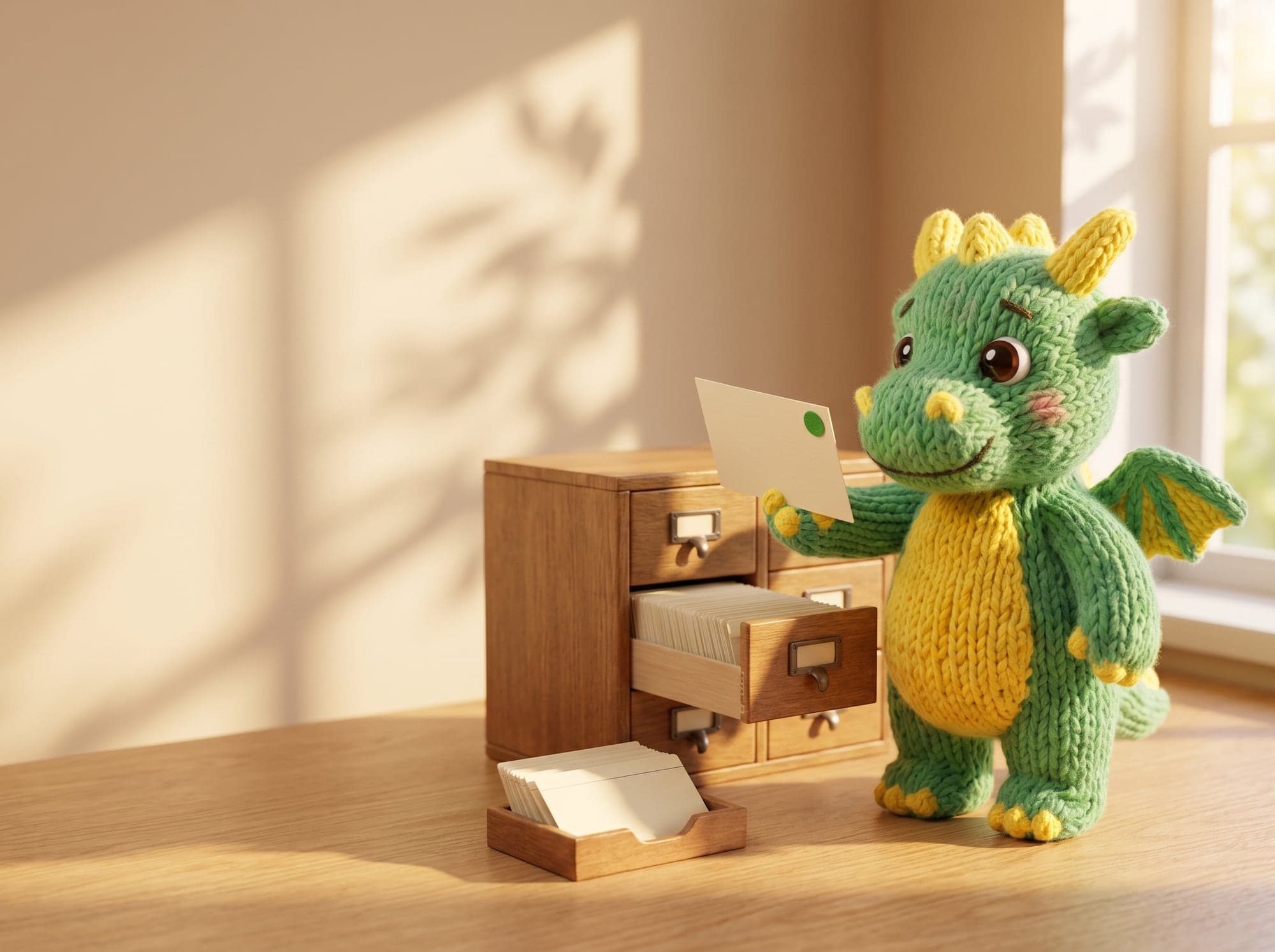 The knitted baby dragon pulls one card out of a drawer packed with hundreds, the one that fits, at a little wooden card catalogue in a sunny office