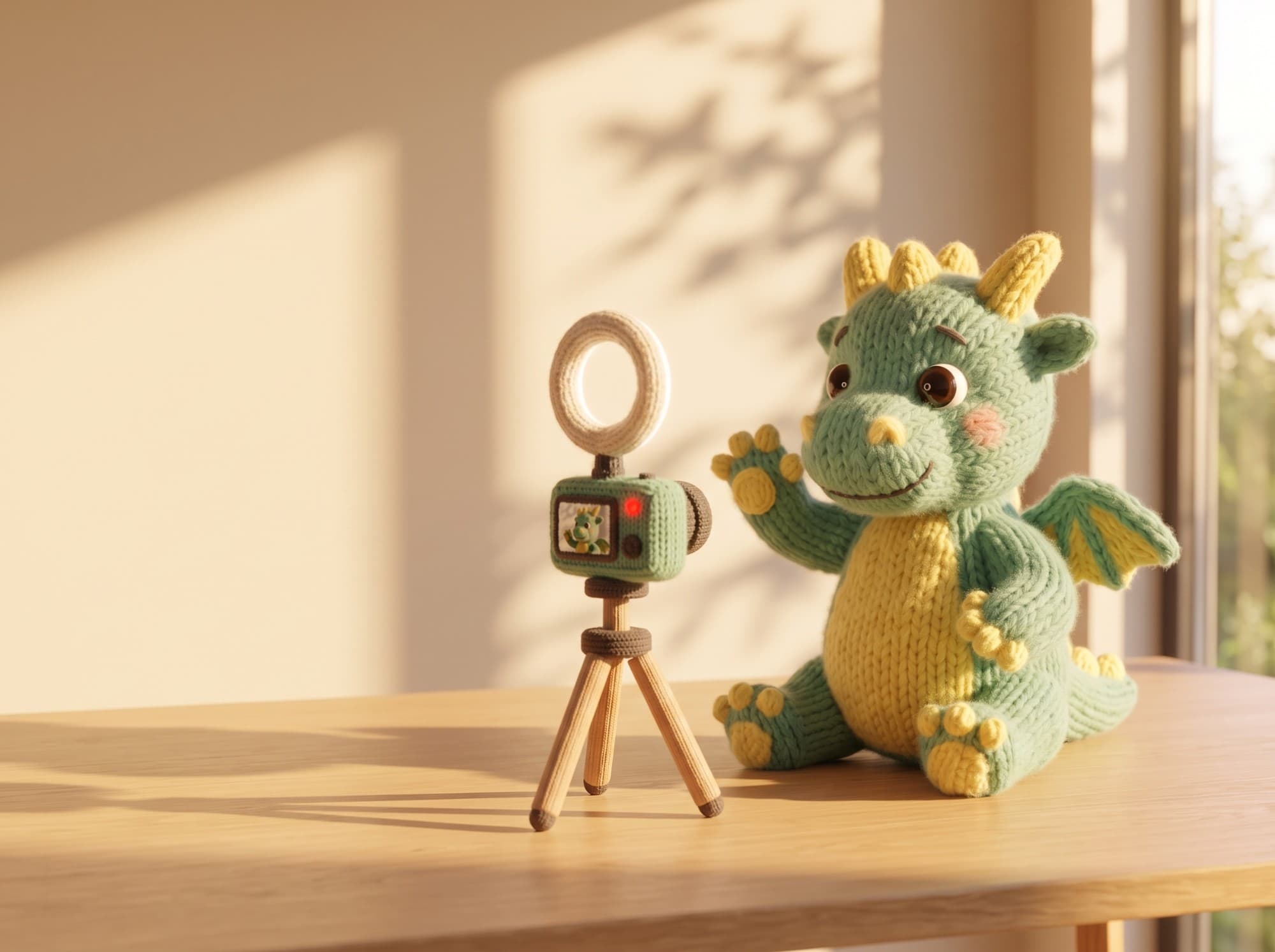The knitted baby dragon waves at a tiny knitted camera with a ring light, recording a video