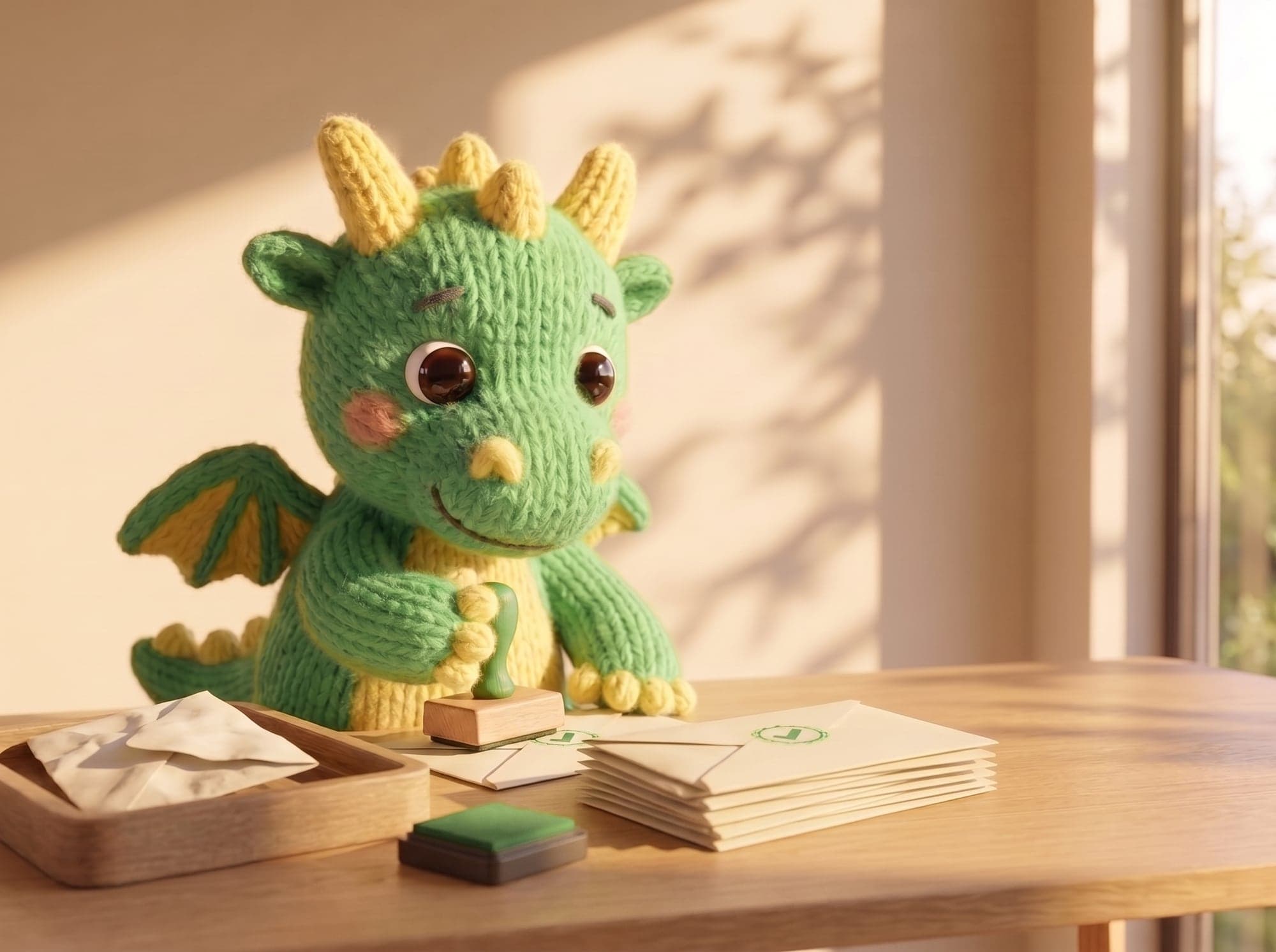 The knitted baby dragon stamps a green tick on cream envelopes at its desk, a neat stack of stamped ones beside it and one crumpled envelope set aside in a tray