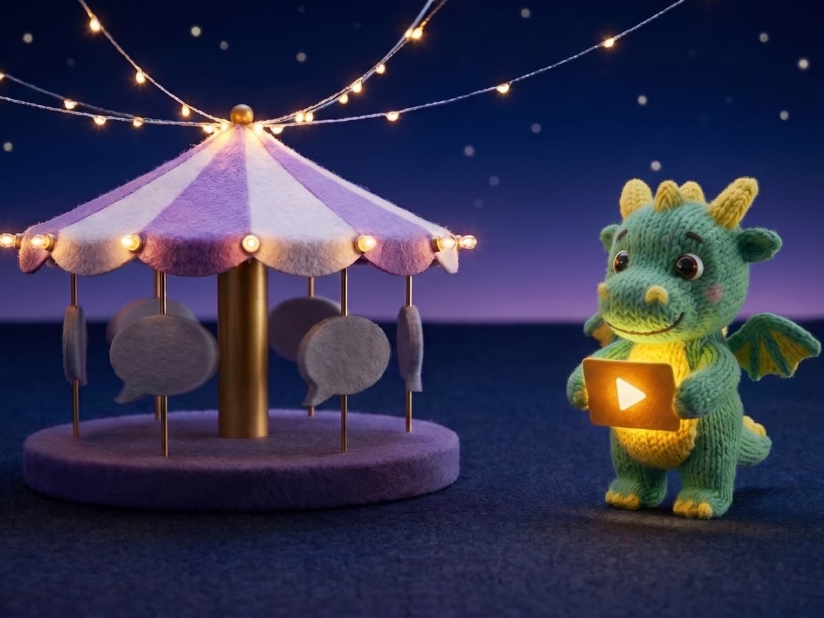 A toy carousel of identical grey speech bubbles turning under a night sky, and the knitted Weezly dragon beside it holding a glowing card with a play button