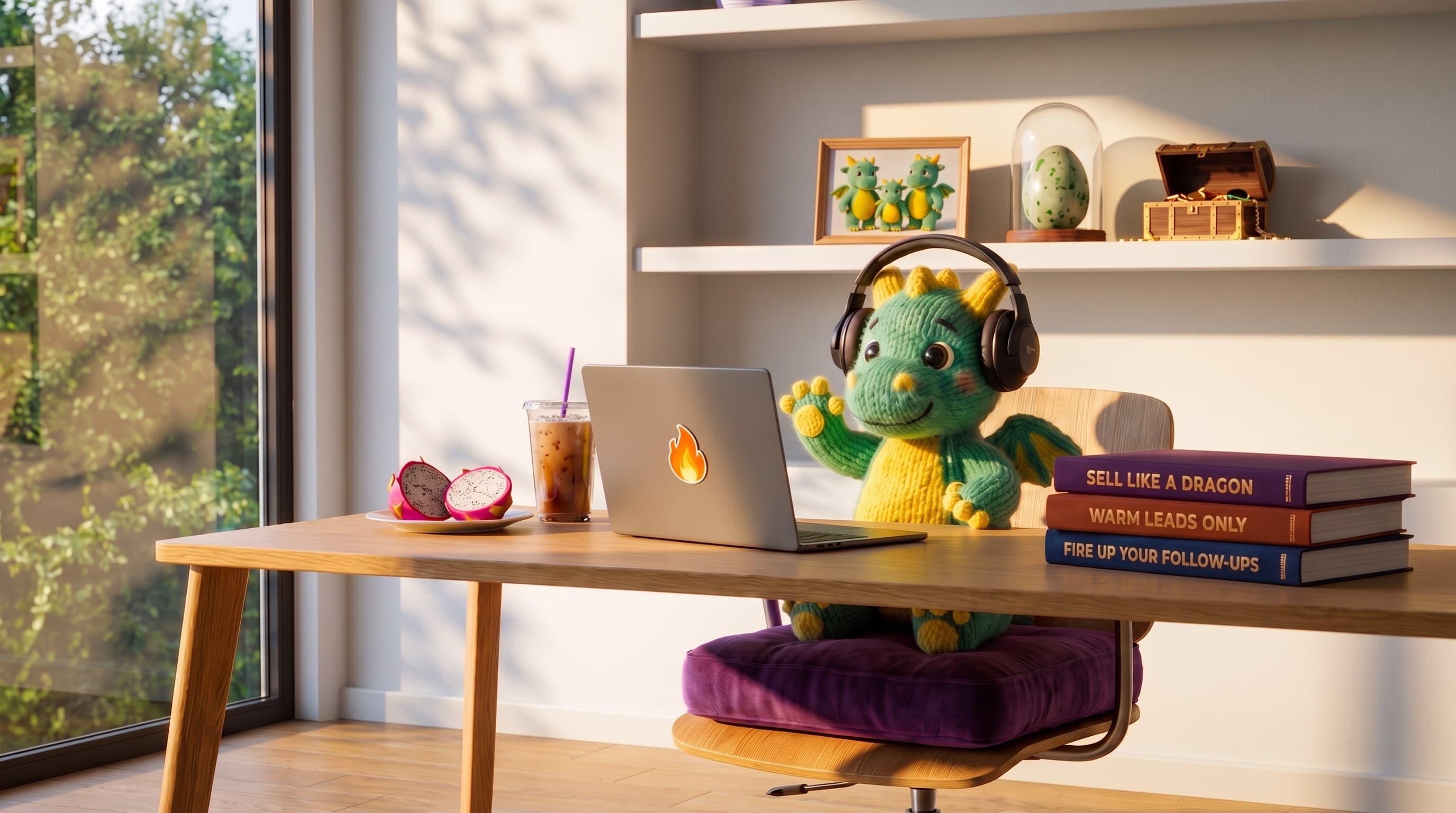 Weezly, the knitted baby dragon, waving at a customer on a video call from a sunlit home office