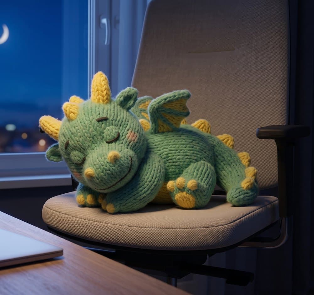 Weezly, the knitted baby dragon, asleep on an office chair at night