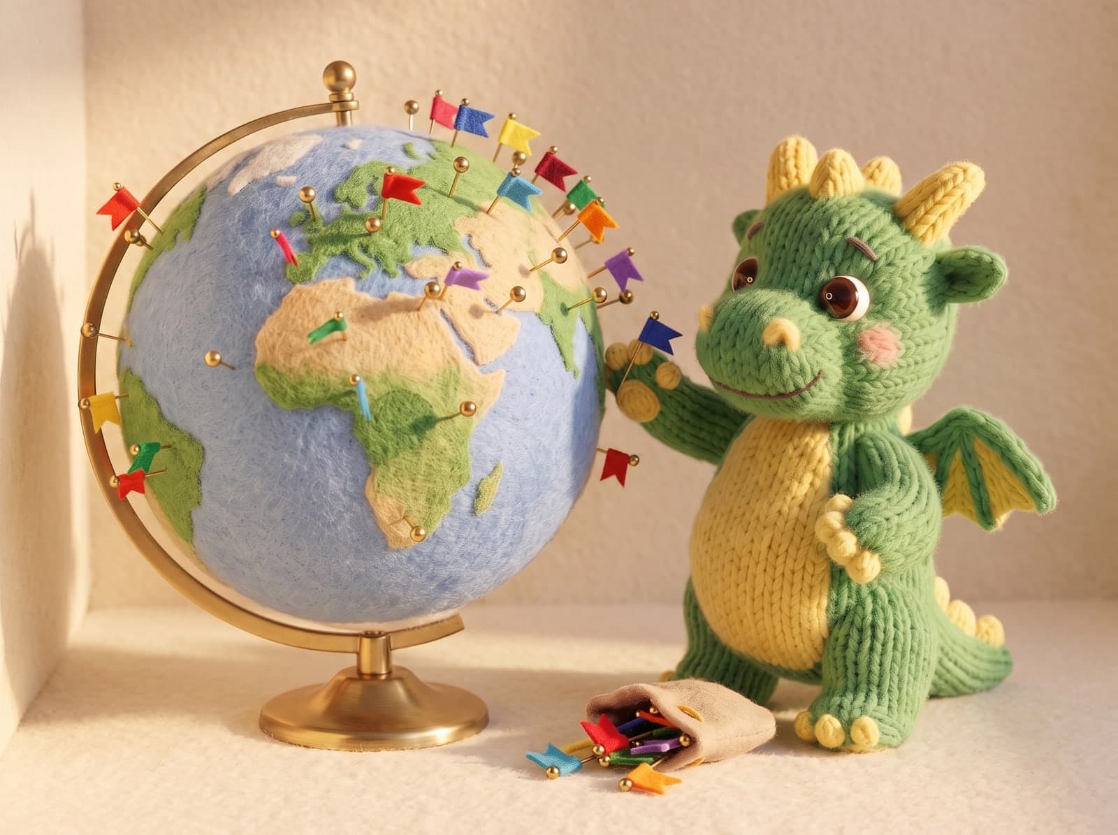 The knitted Weezly dragon pins one more little flag onto a felt globe dotted with colourful flags, a pouch of flag pins at its feet