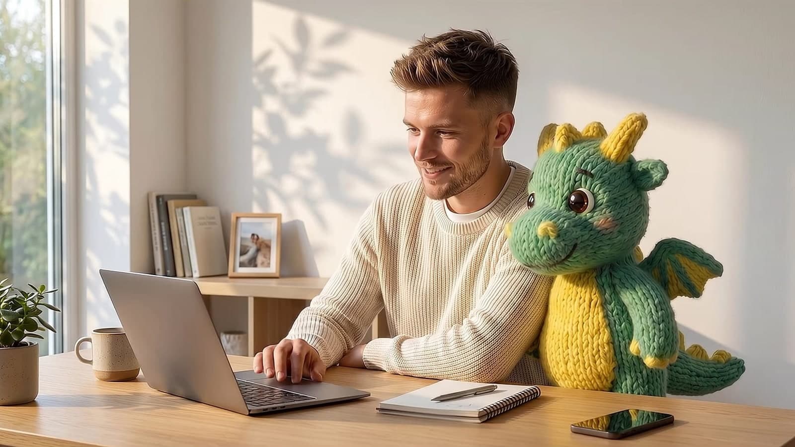 An agency operator at his desk with the knitted baby dragon beside him; he laughs, the dragon waves at the laptop