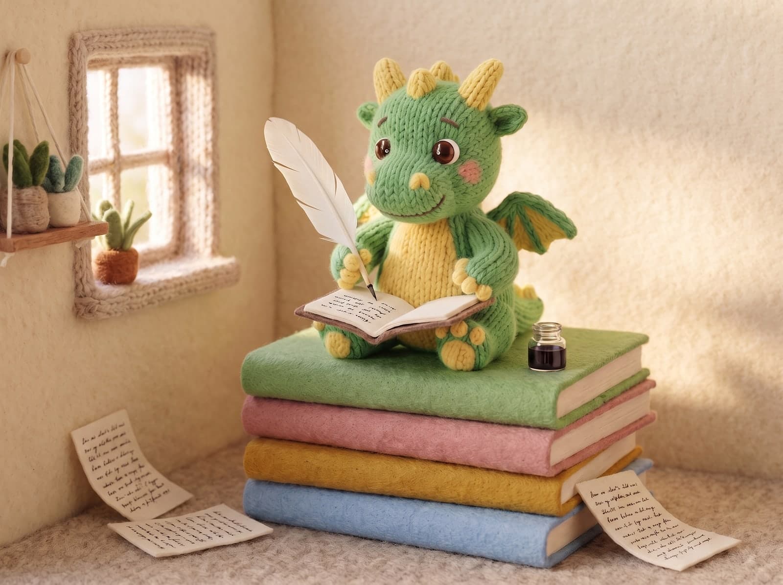 The knitted Weezly dragon sits on a stack of felt books writing in a notebook with a feather quill, an ink pot beside it and written pages on the floor