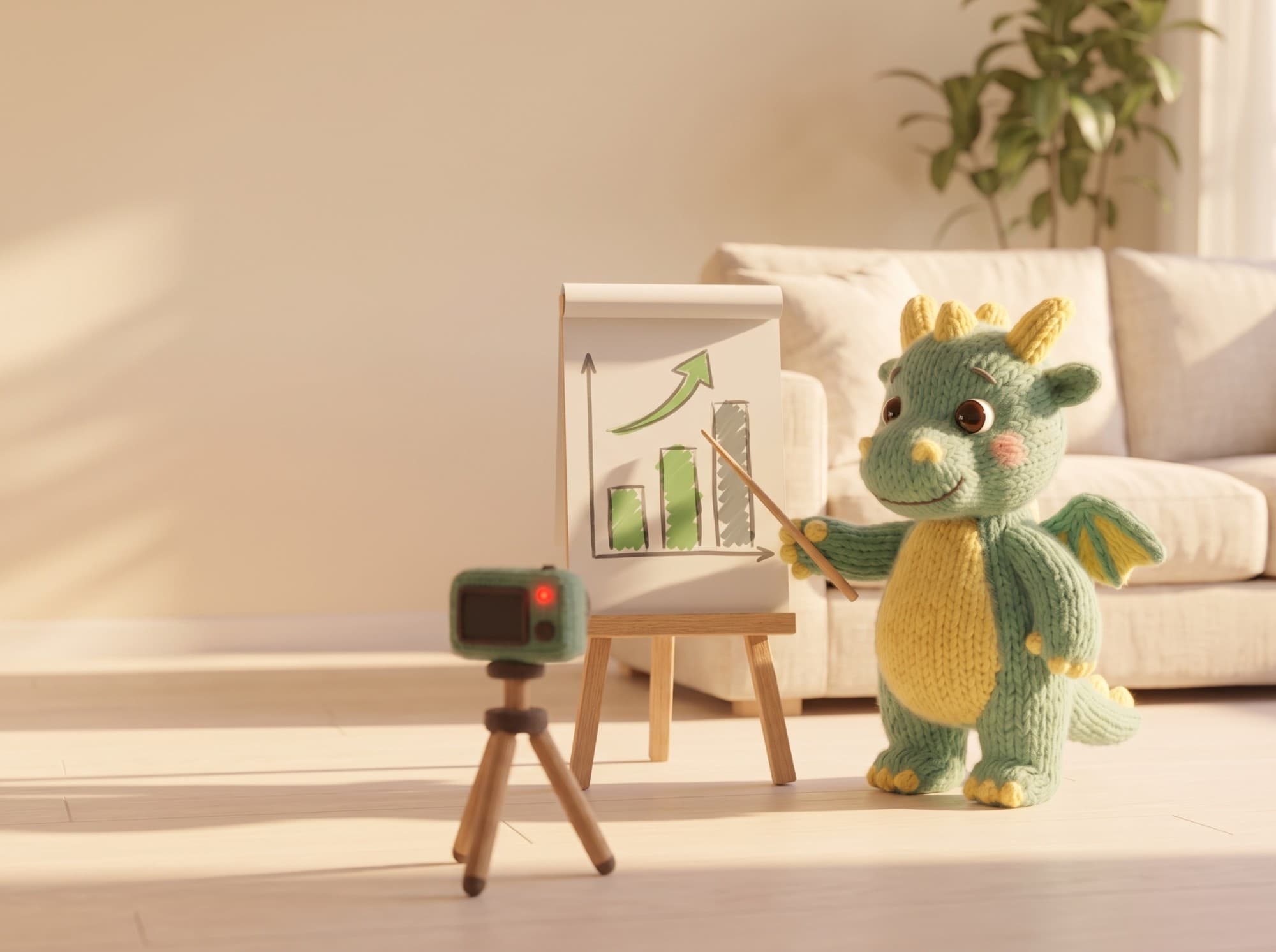 The knitted baby dragon presents at a flip chart in a sunny living room while a little camera on a tripod records it, its red light on