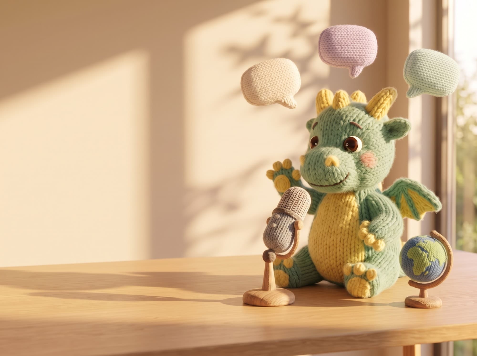 The knitted baby dragon talks into a little knitted microphone, three blank knitted speech bubbles floating above it and a small knitted globe beside it