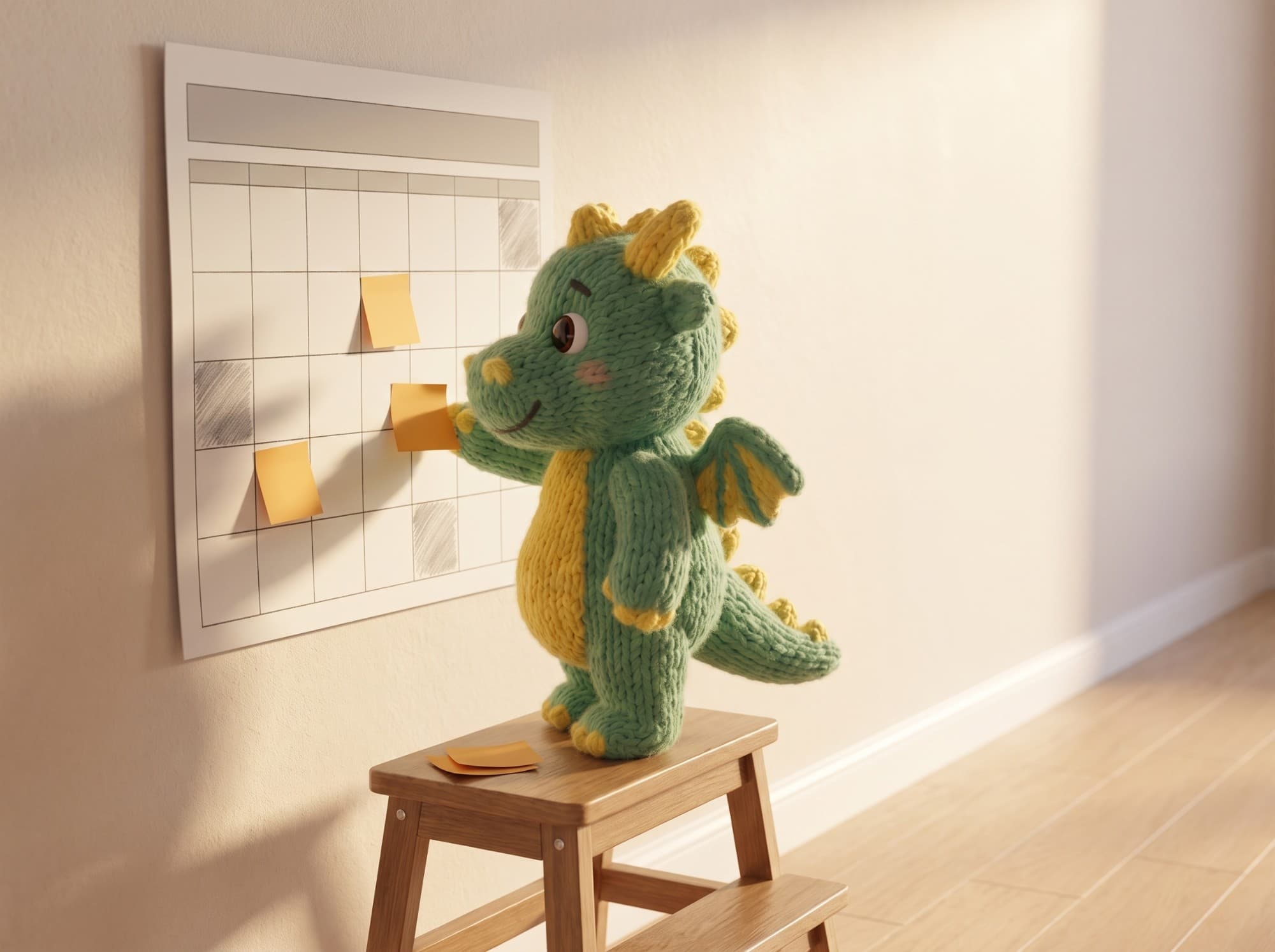 The knitted baby dragon stands on a wooden step stool and presses an amber note onto a free day of a big paper wall calendar, two notes already stuck on and the busy days shaded in pencil