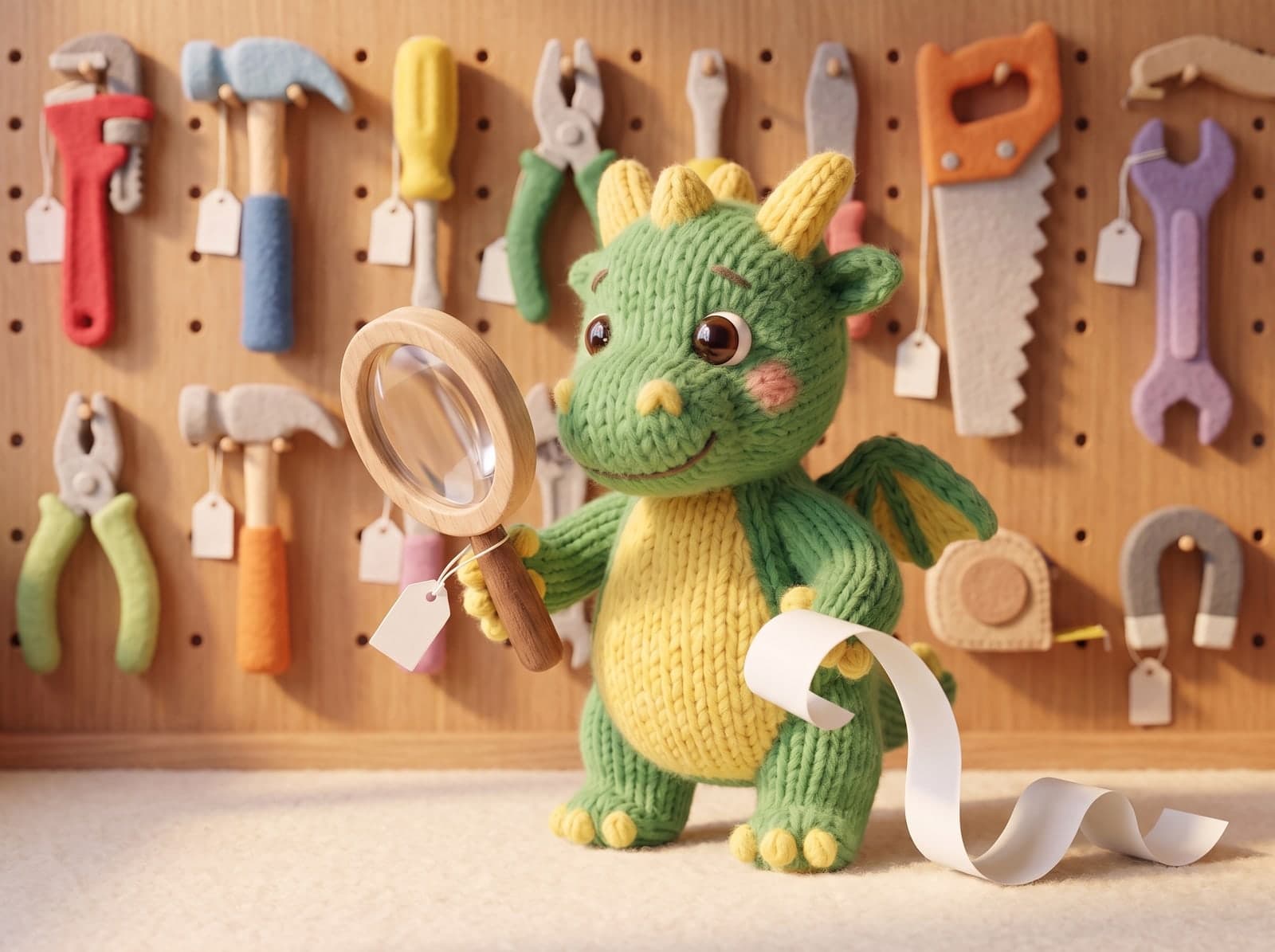 The knitted Weezly dragon checks a price tag with a magnifying glass in front of a pegboard of tagged felt tools, a long paper receipt trailing from its paw