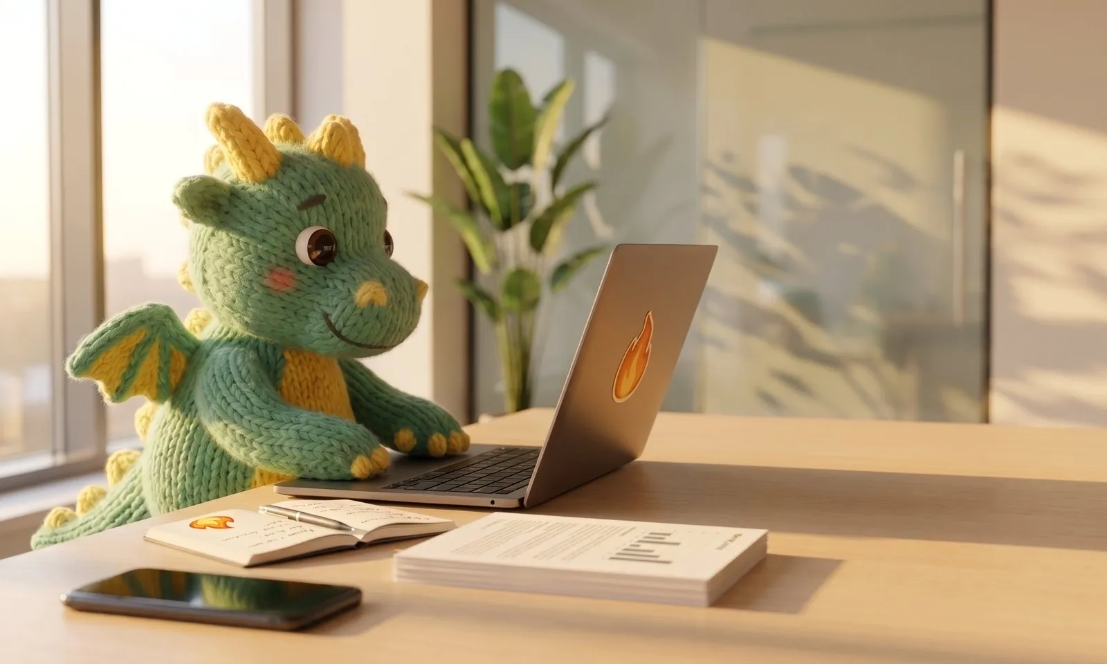 The baby dragon working at a laptop in a bright office