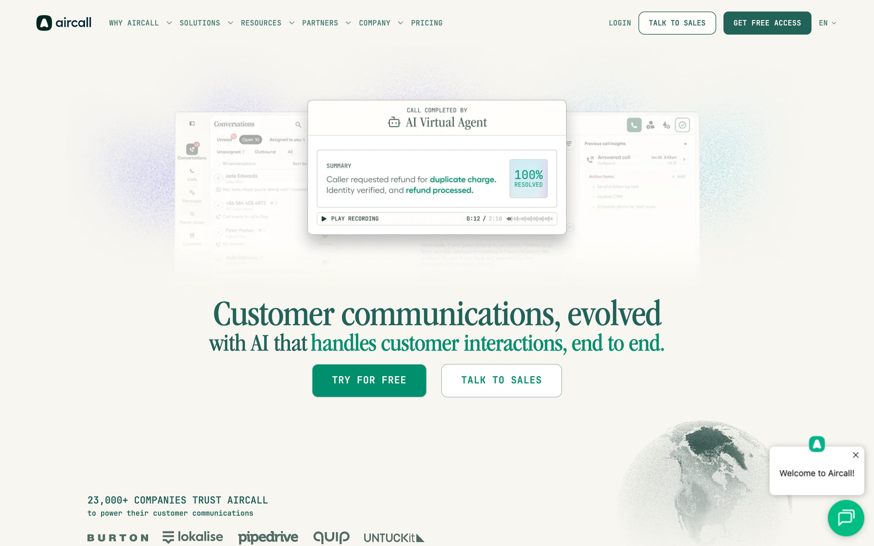 Aircall homepage, August 2026