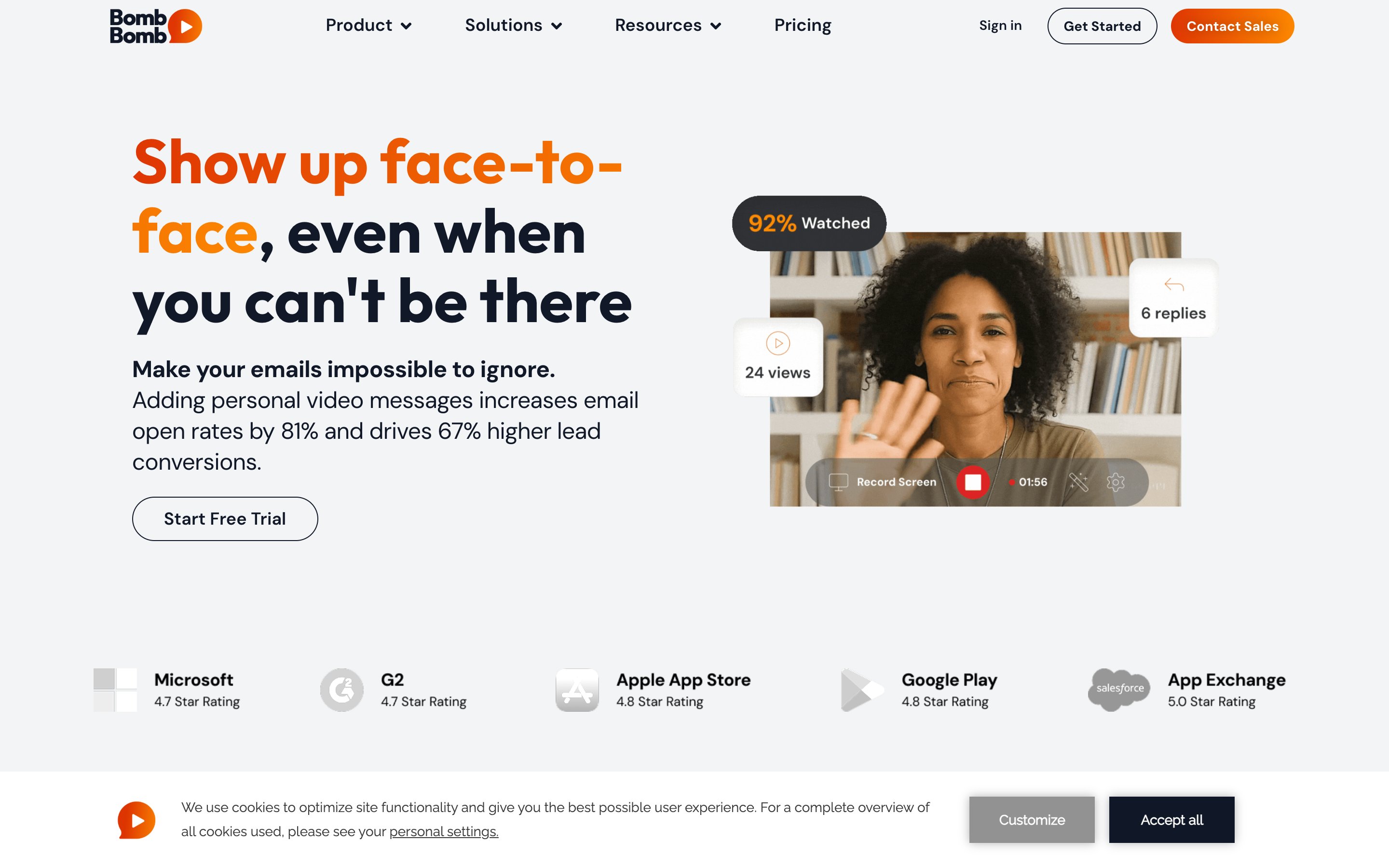 BombBomb homepage: show up face-to-face, even when you can't be there
