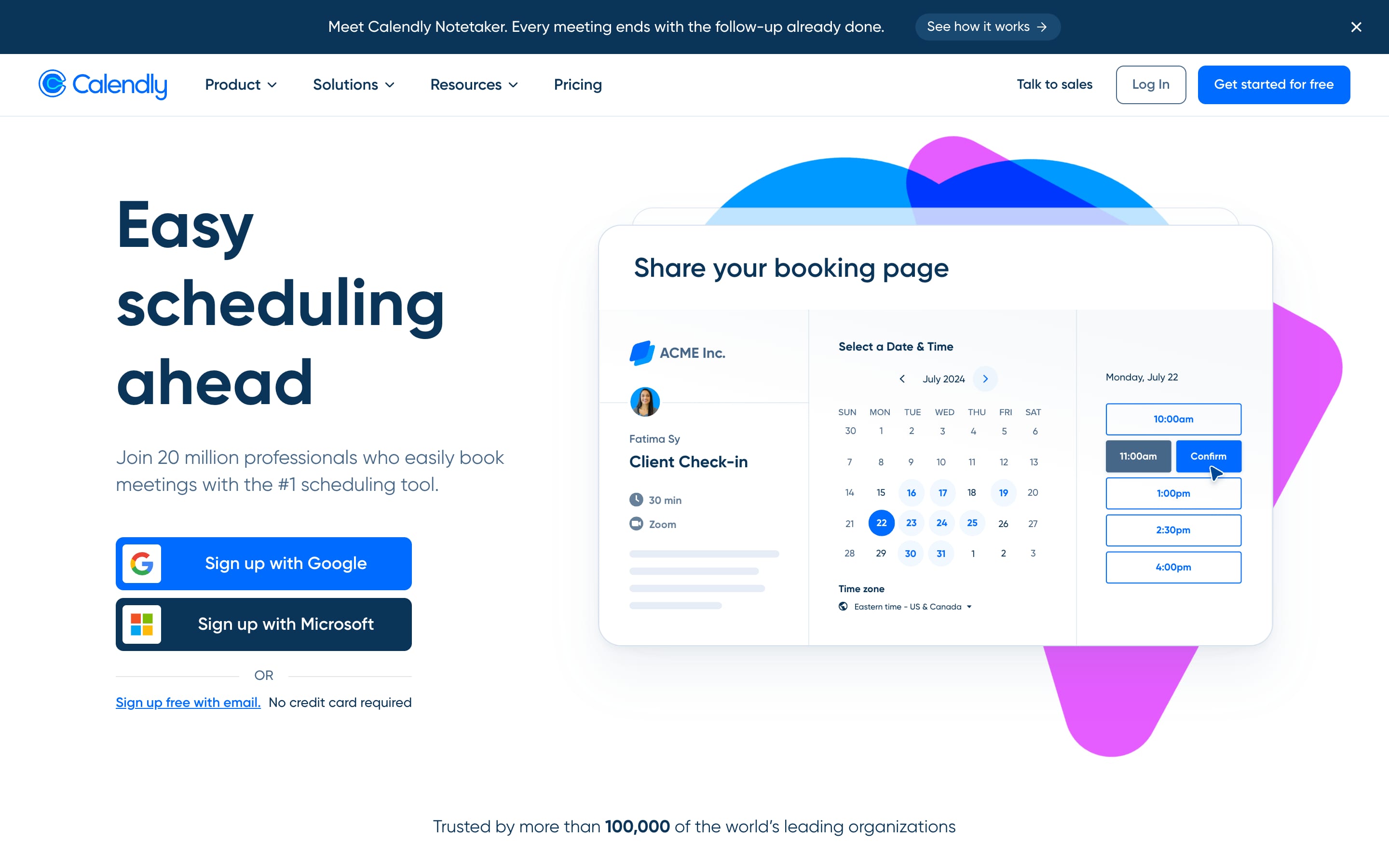 Calendly homepage, August 2026