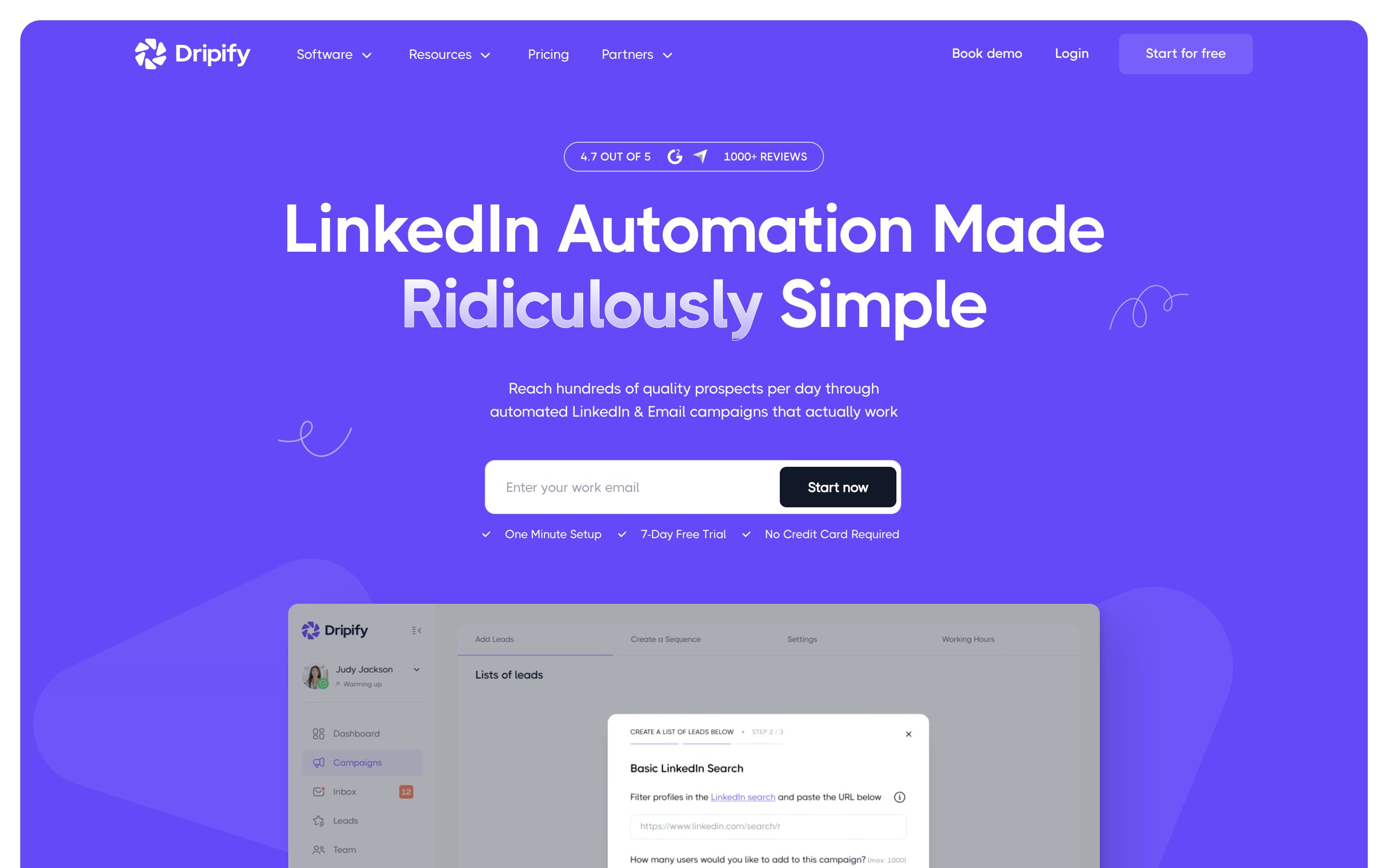 The real Dripify homepage: LinkedIn Automation Made Ridiculously Simple