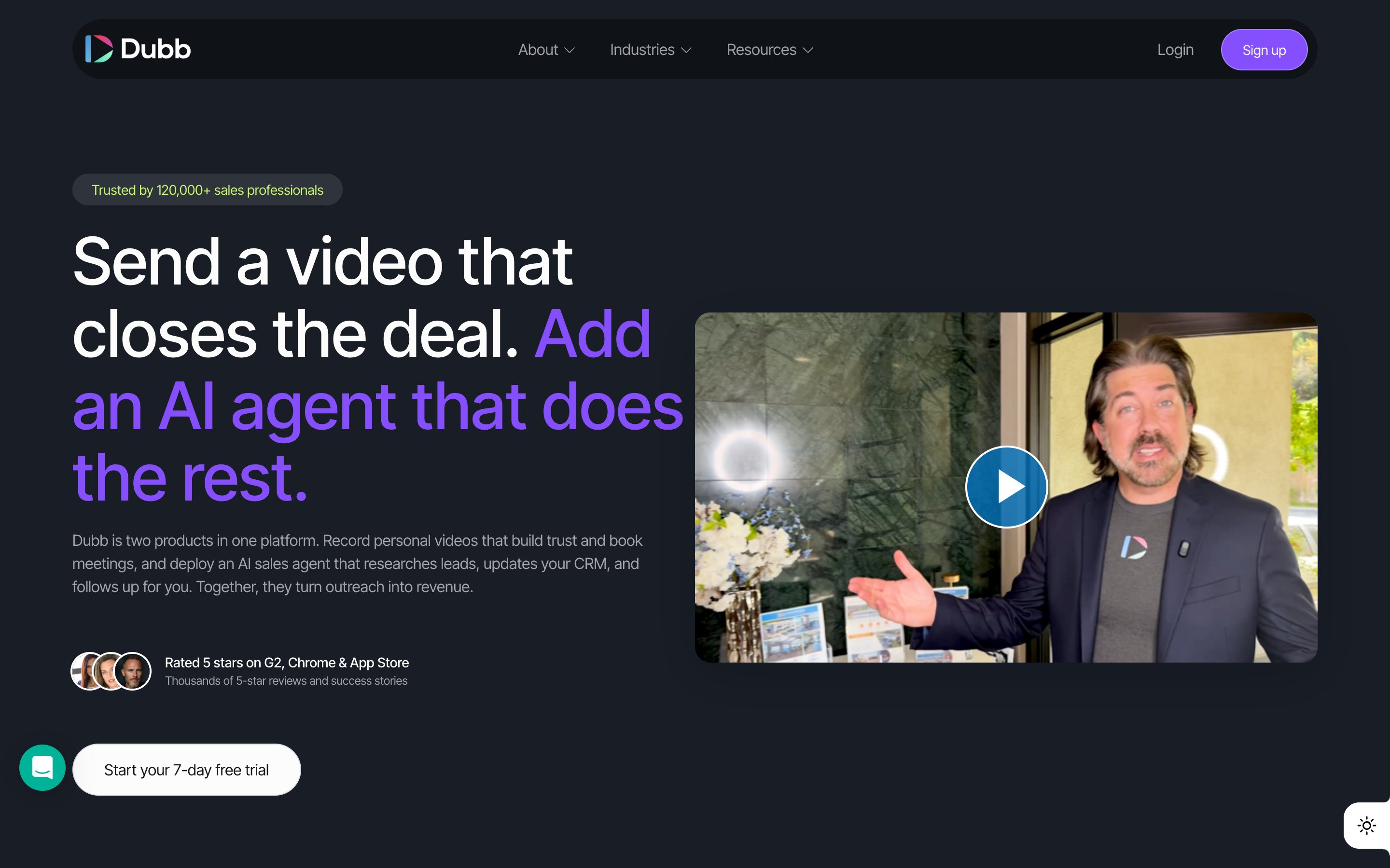 Dubb homepage: send a video that closes the deal, add an AI agent that does the rest