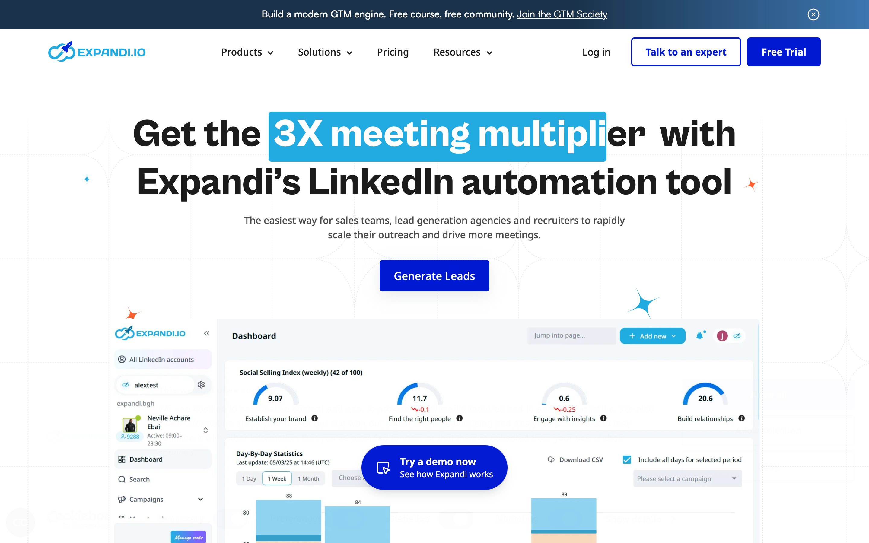 The real Expandi homepage: 3X meeting multiplier with Expandi's LinkedIn automation tool
