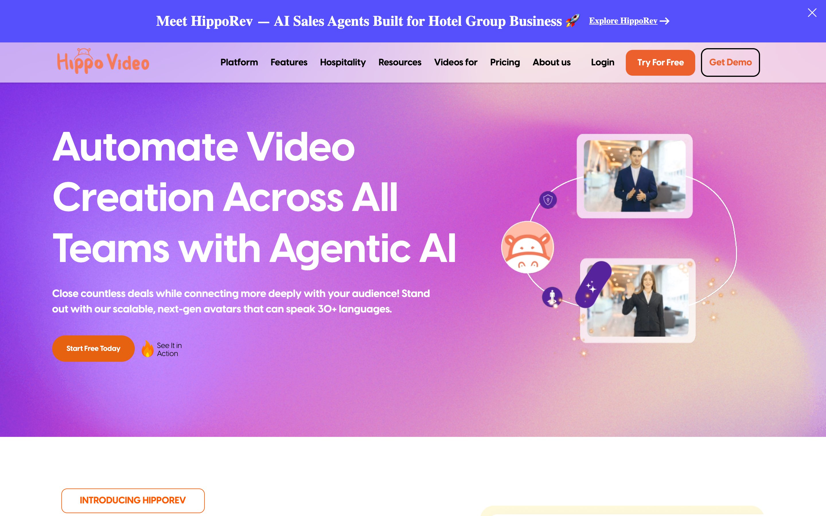 The real Hippo Video homepage: video automation for all teams with agentic AI