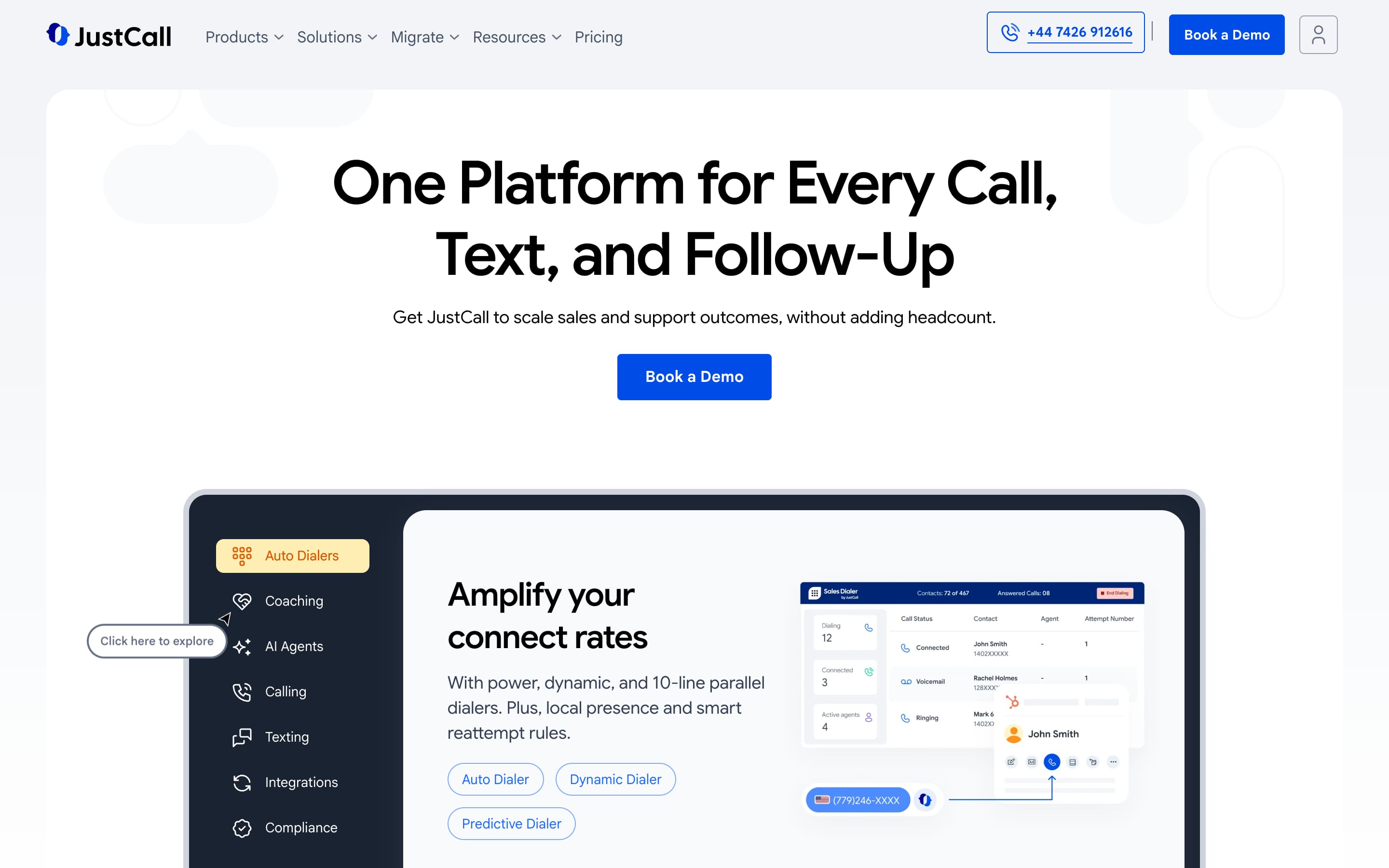 JustCall homepage, August 2026