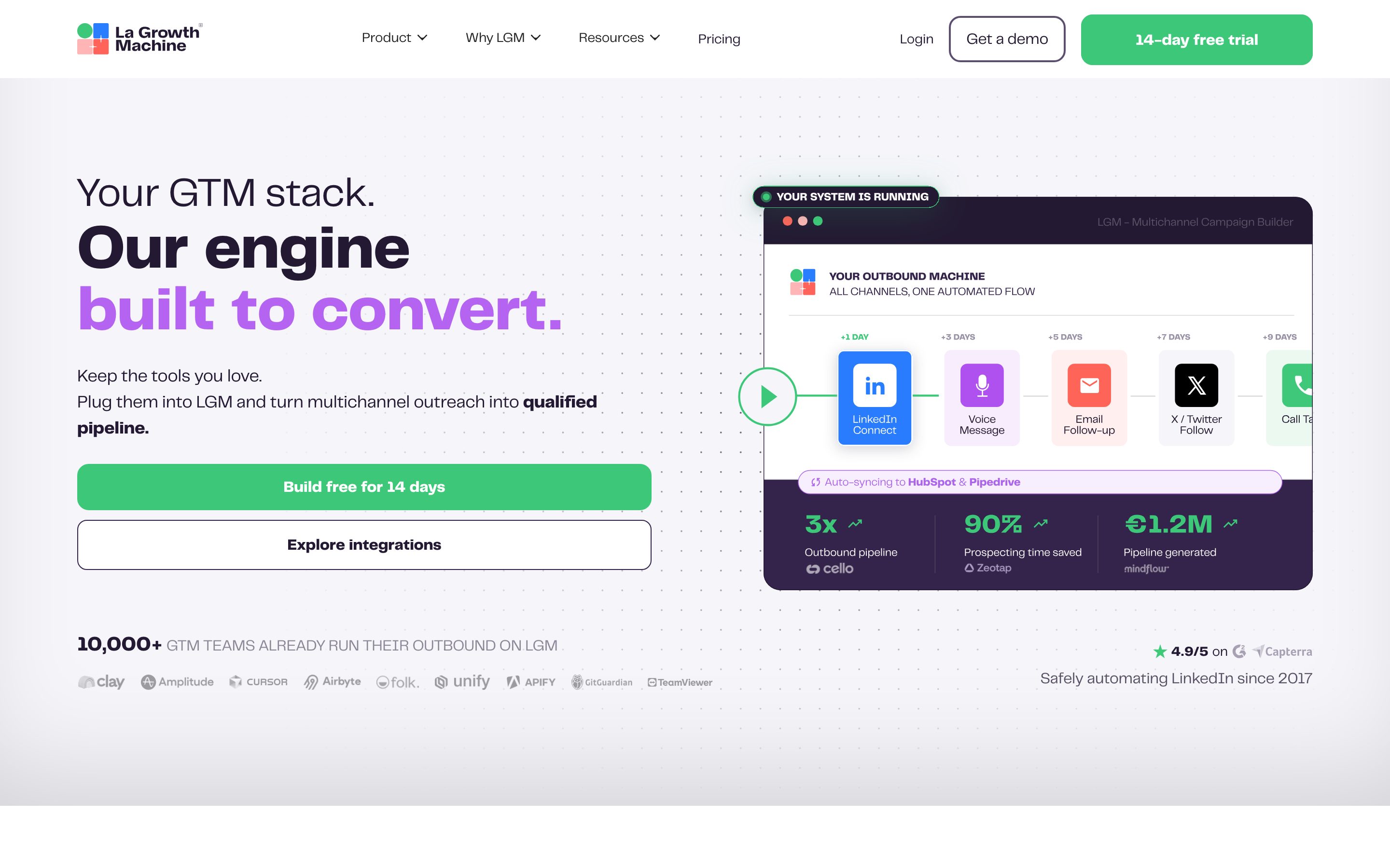 The real La Growth Machine homepage: Your GTM stack. Our engine built to convert.