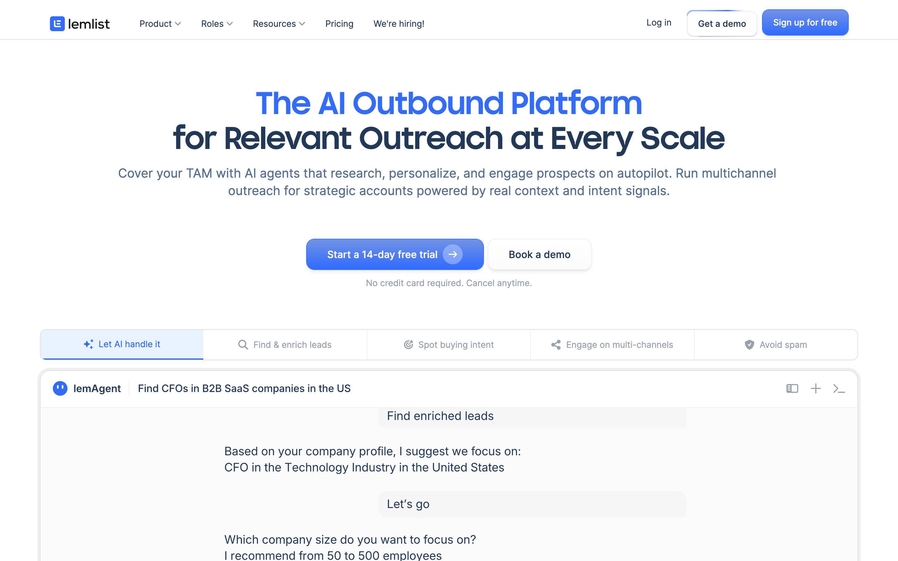The real lemlist homepage: the AI outbound platform for relevant outreach at every scale