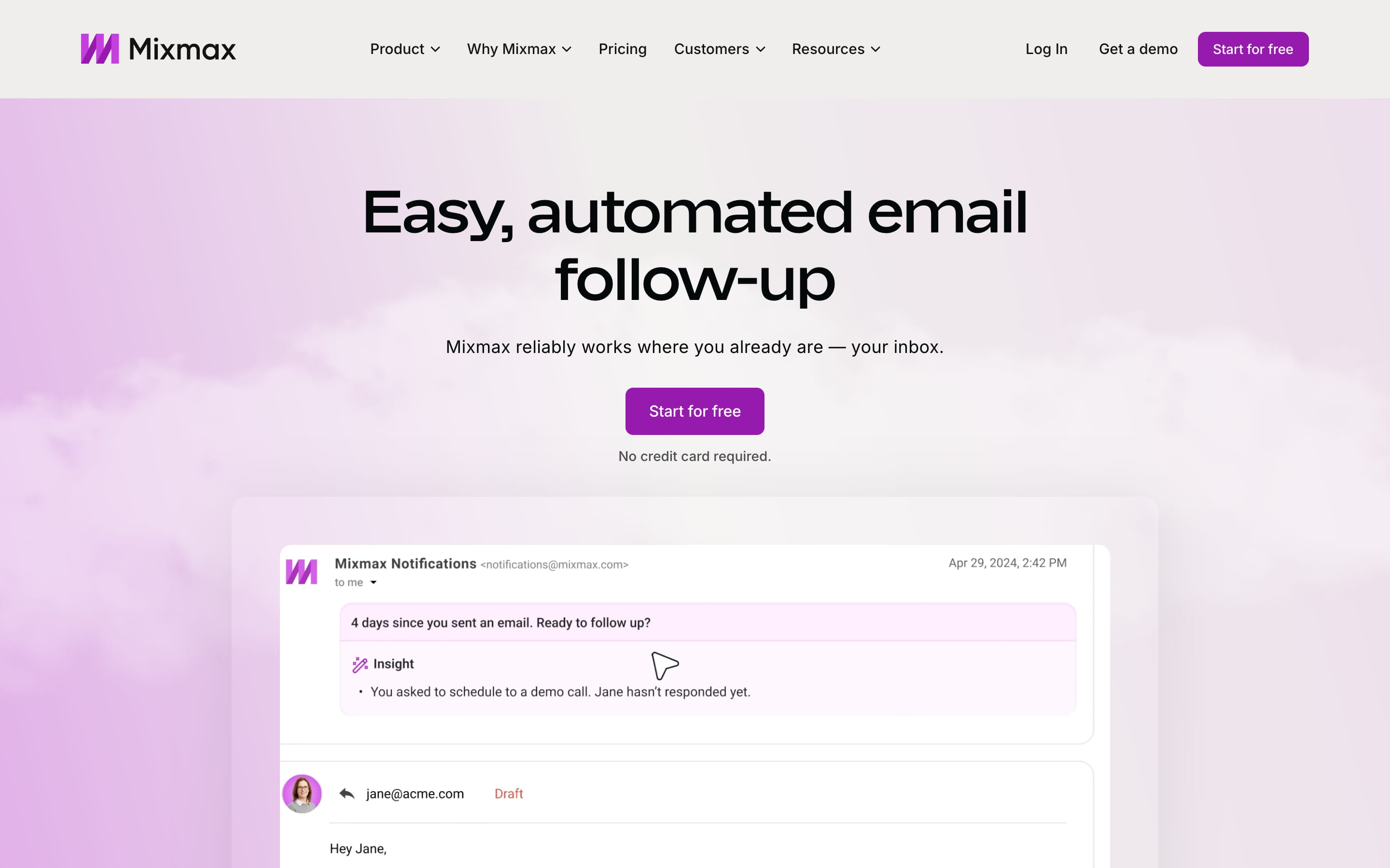 Mixmax homepage, August 2026