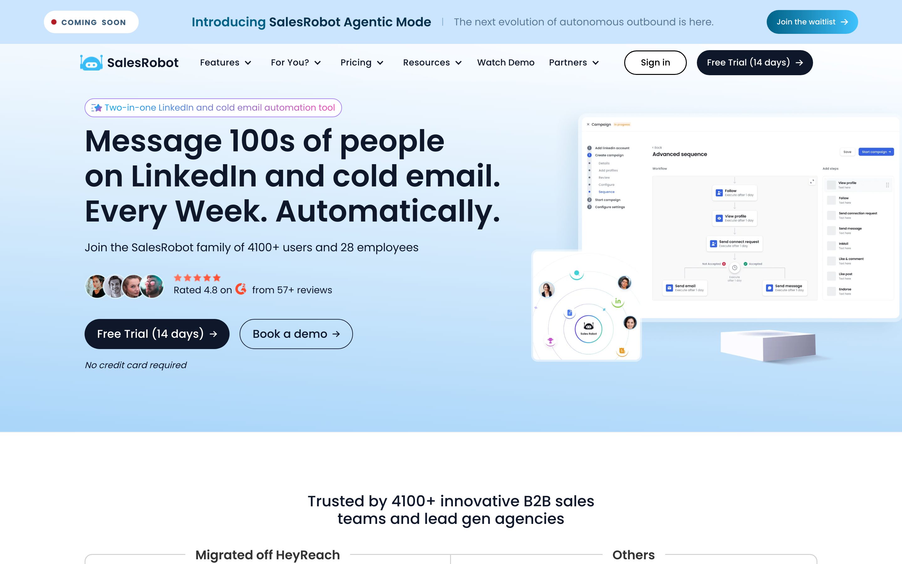 The real SalesRobot homepage: message 100s of people on LinkedIn and cold email