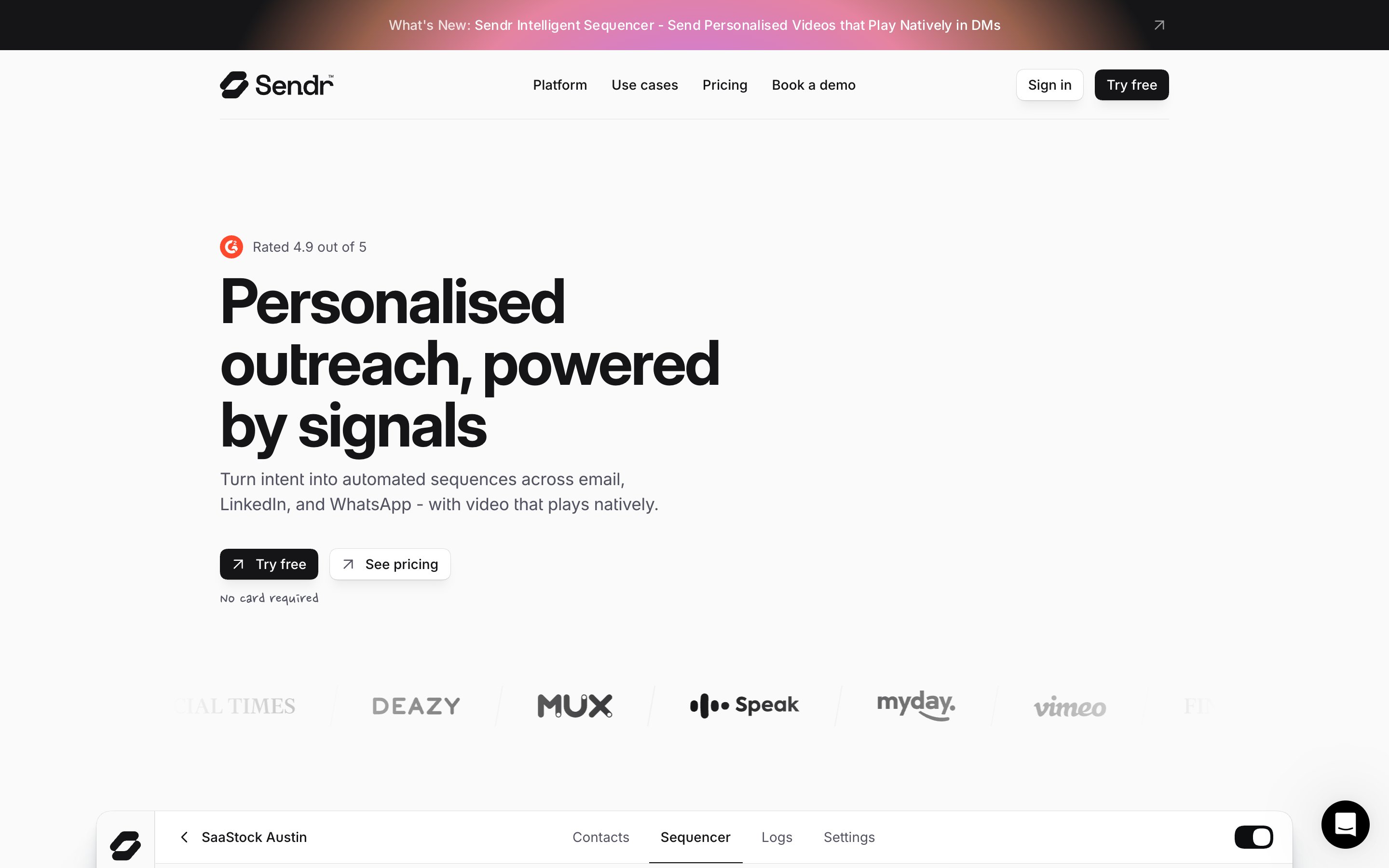 The real Sendr homepage: personalised outreach powered by signals