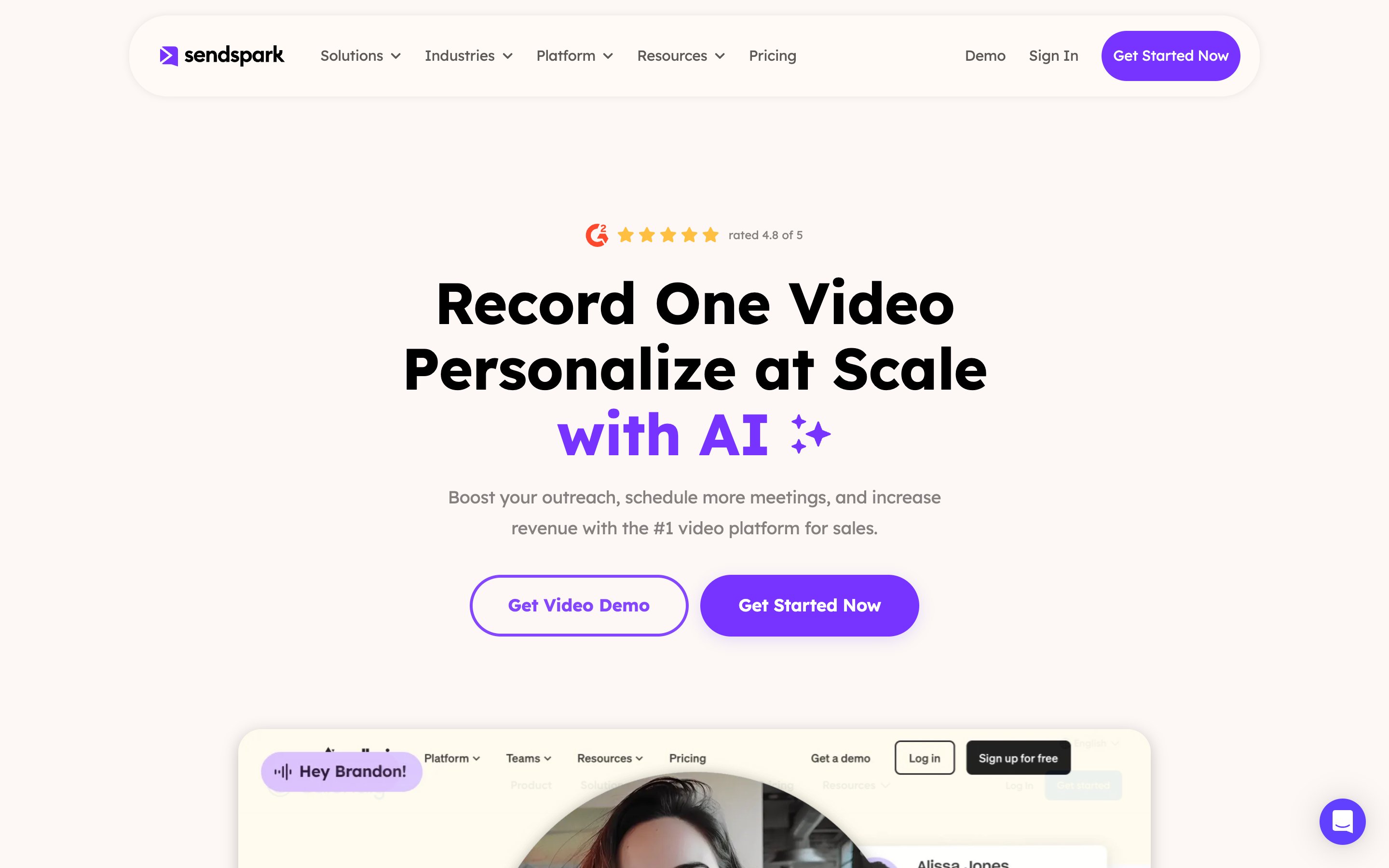 The real Sendspark homepage: AI video personalization for sales teams