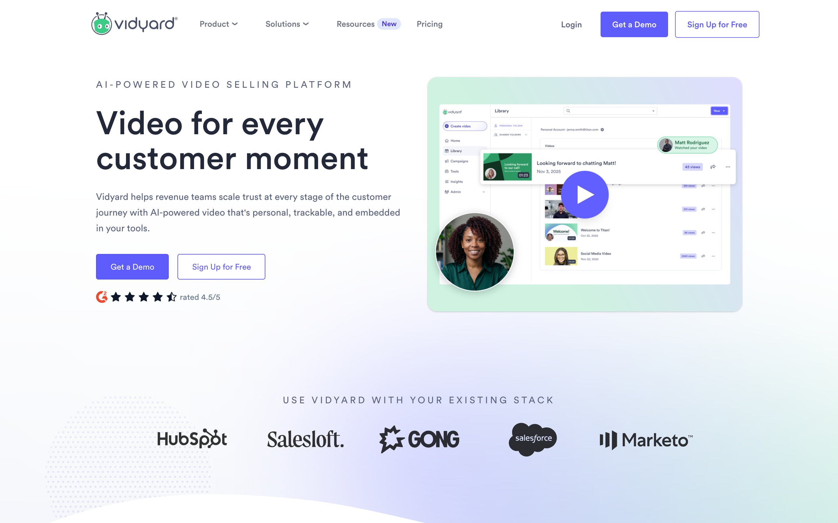 The real Vidyard homepage: AI-powered video selling platform for every customer moment
