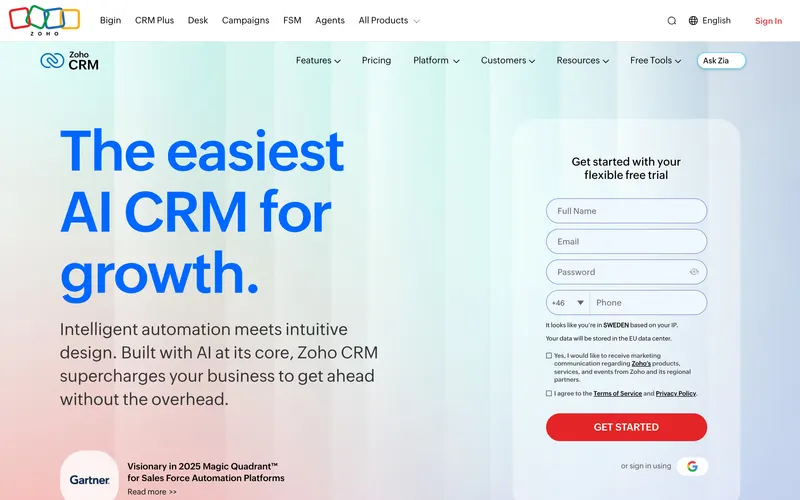 Zoho CRM homepage