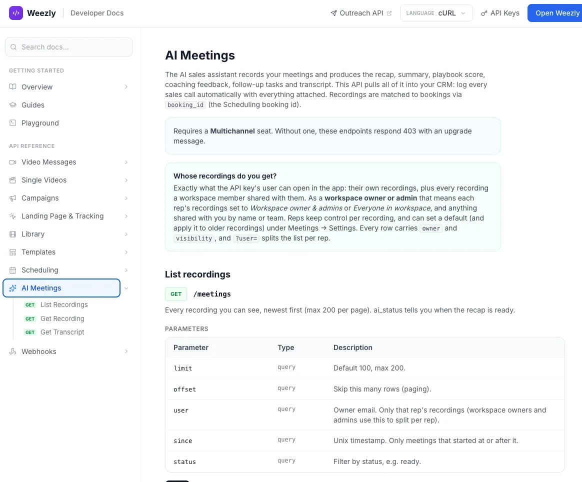 Weezly developer docs, AI Meetings API: list recordings, get recording, get transcript, with parameters and access scope